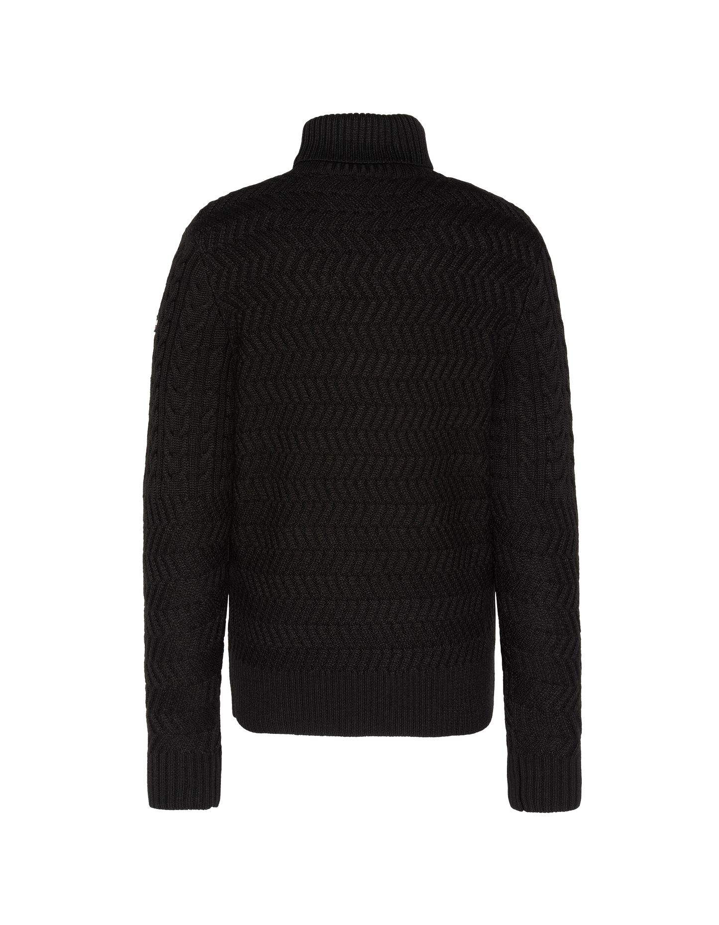 Suéter de cuello de tortuga negro, malla retorcida