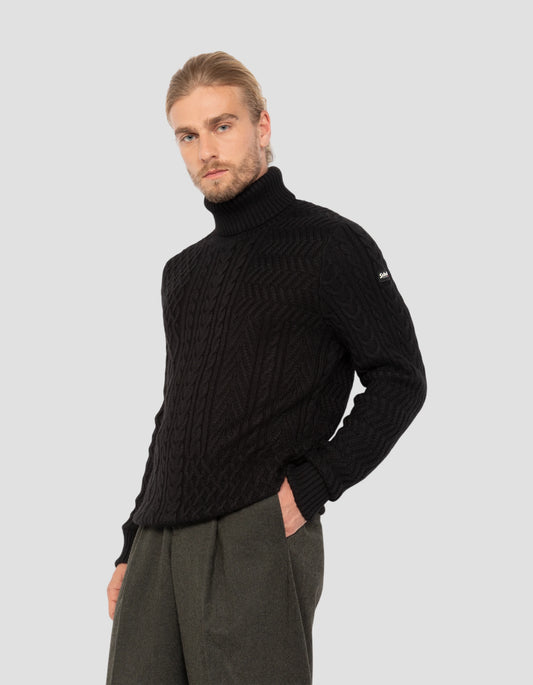 Black turtleneck sweater, twisted mesh