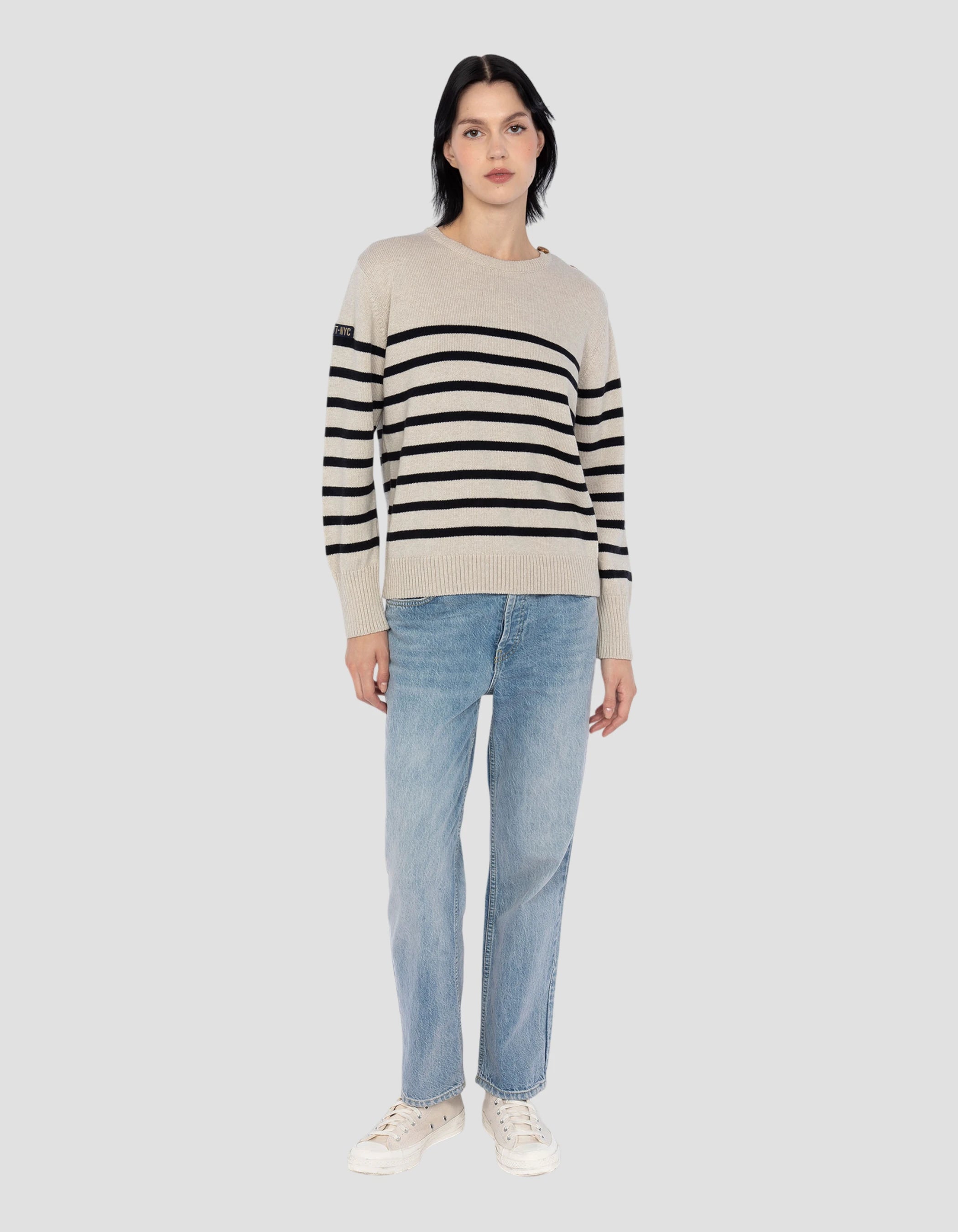 Natürlicher Meerespullover und dunkelblau mit Schulterknopf-1