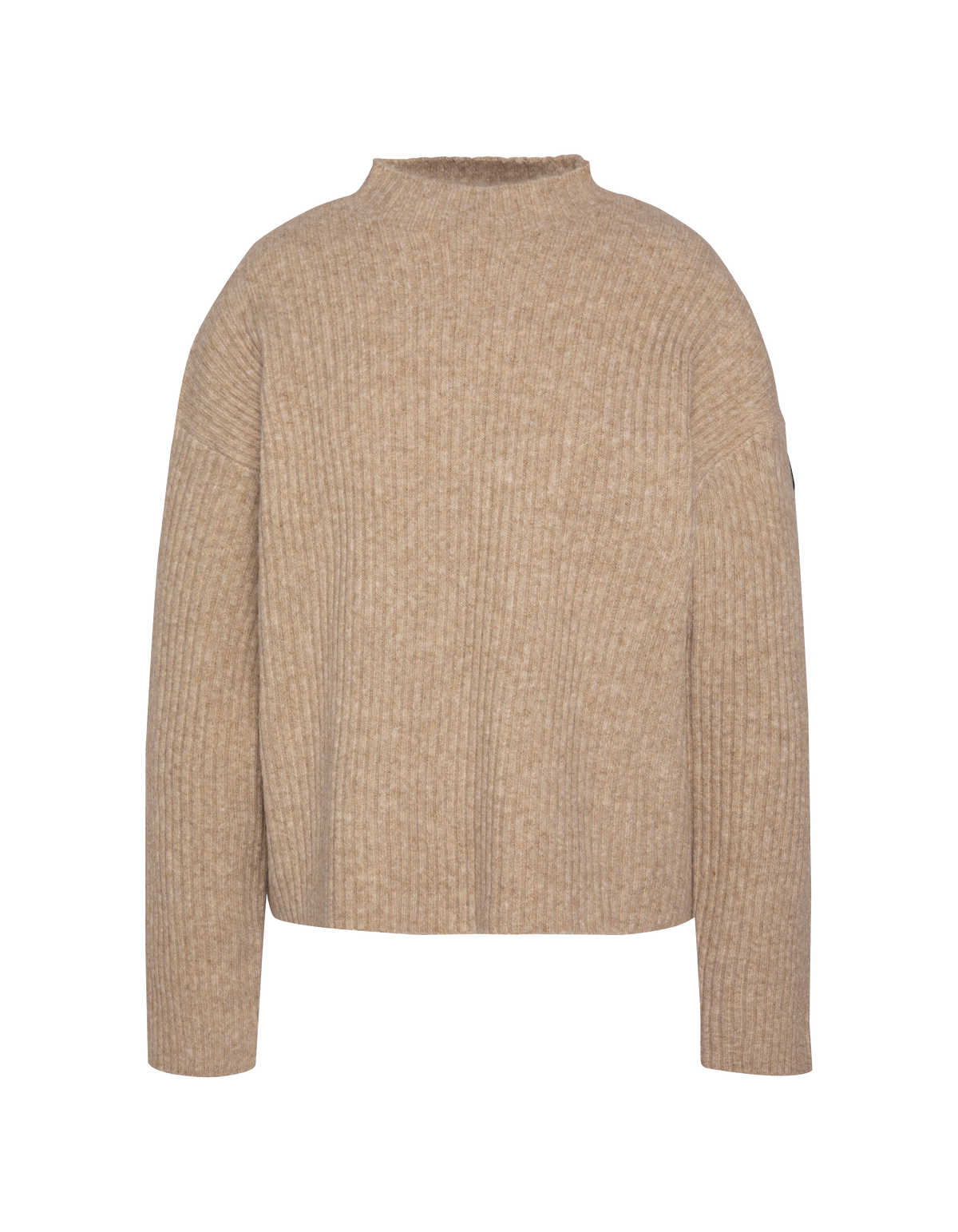 Kamelfarbener Rippstrickpullover mit hohem Kragen-1