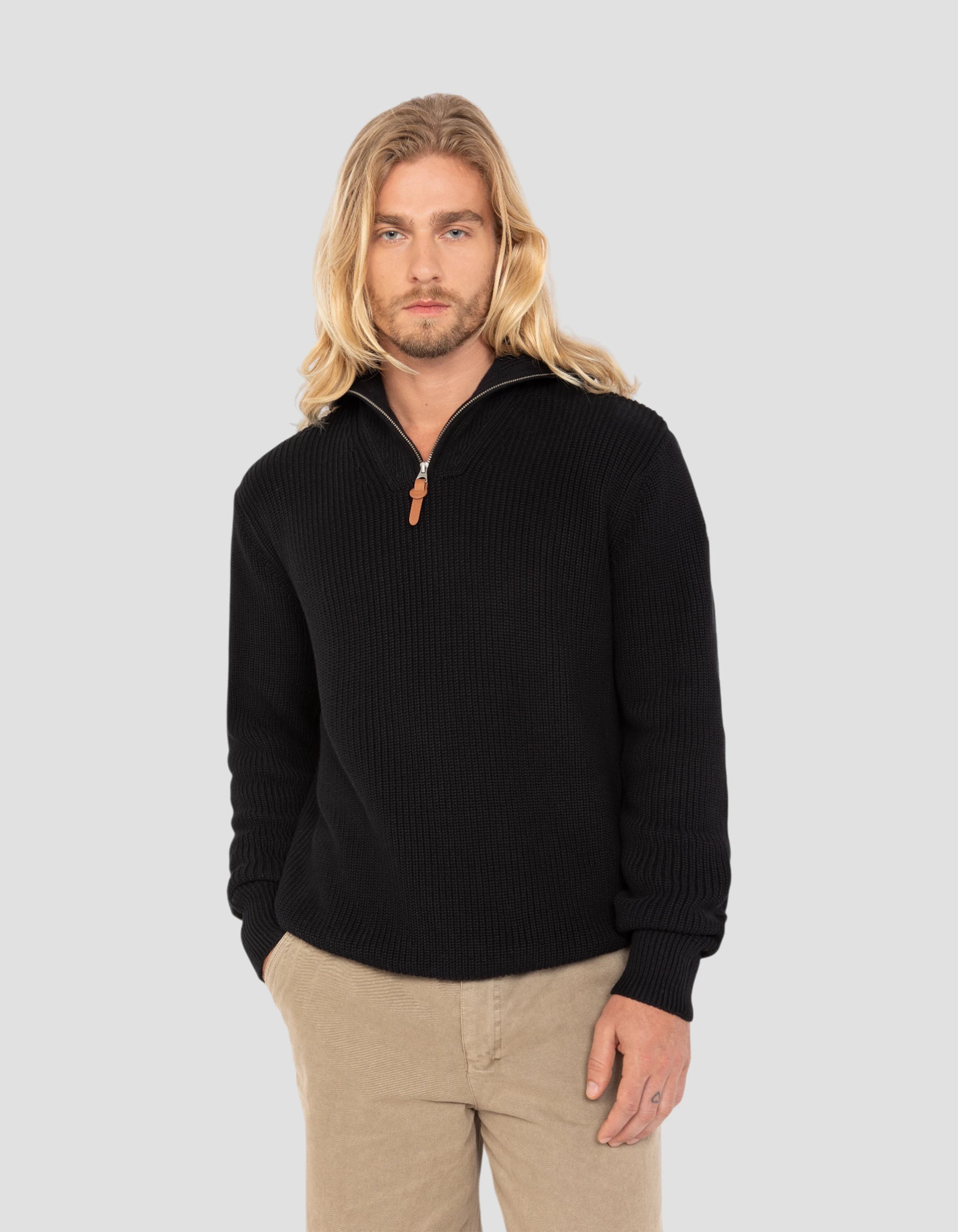 Suéter de camionero negro en malla acanalada-3