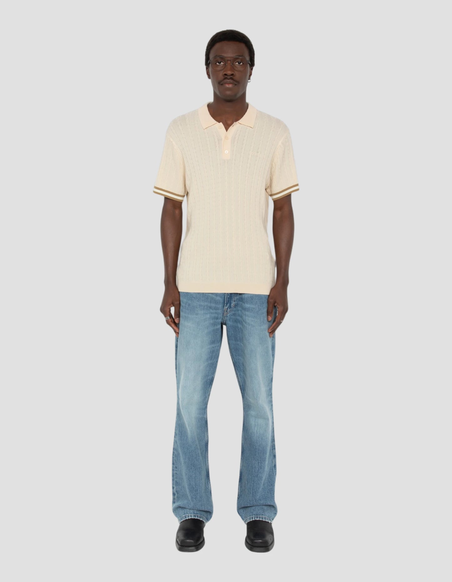 Weißes Retro-Poloshirt mit feinem Zopfmuster