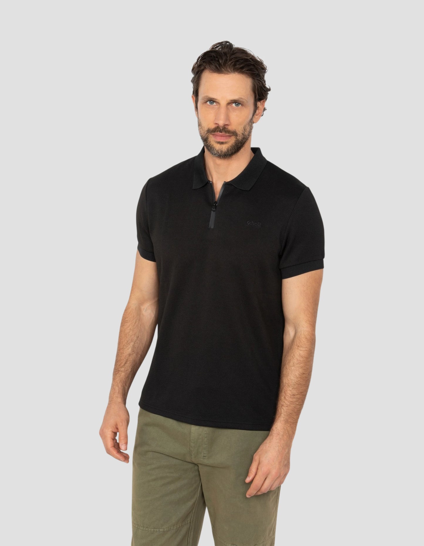 Black mesh polo shirt waffle knit