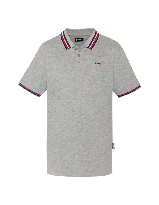 Grau meliertes Poloshirt mit dreifarbiger Paspelierung