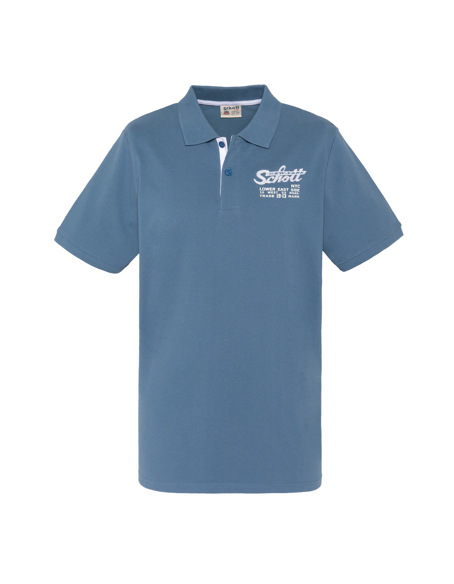 Jeansblaues Poloshirt mit gesticktem Logo und kontrastierendem Etikett