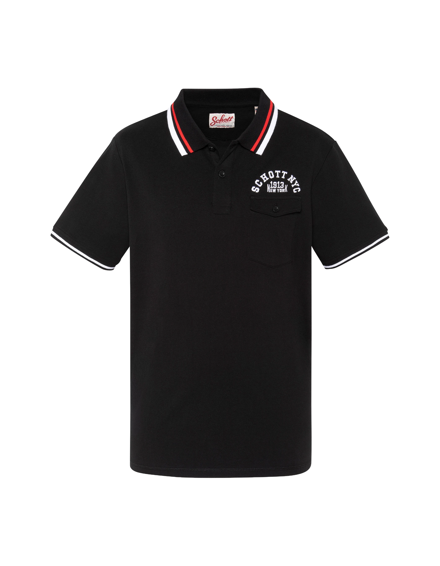 Black polo shirt with flap pocket and tricolor piping