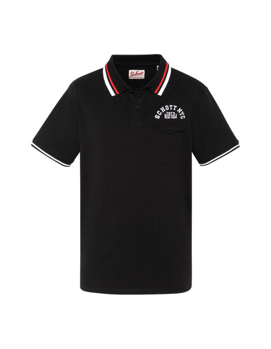 Polo noir avec poche à rabat et liserés tricolores