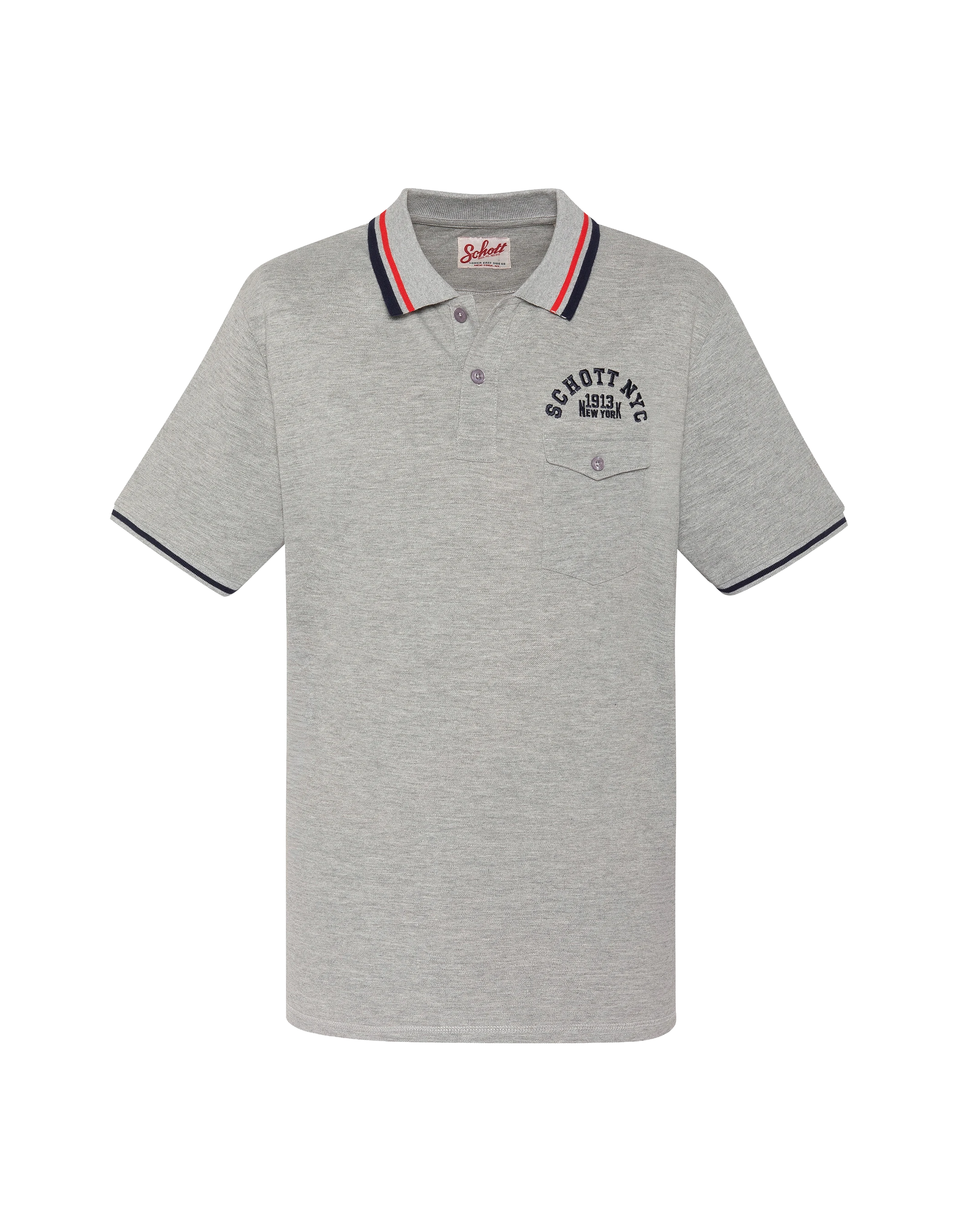 Polo shirt heather grey with flap pocket and tricolor piping-1