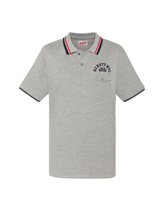 Polo shirt heather grey with flap pocket and tricolor piping