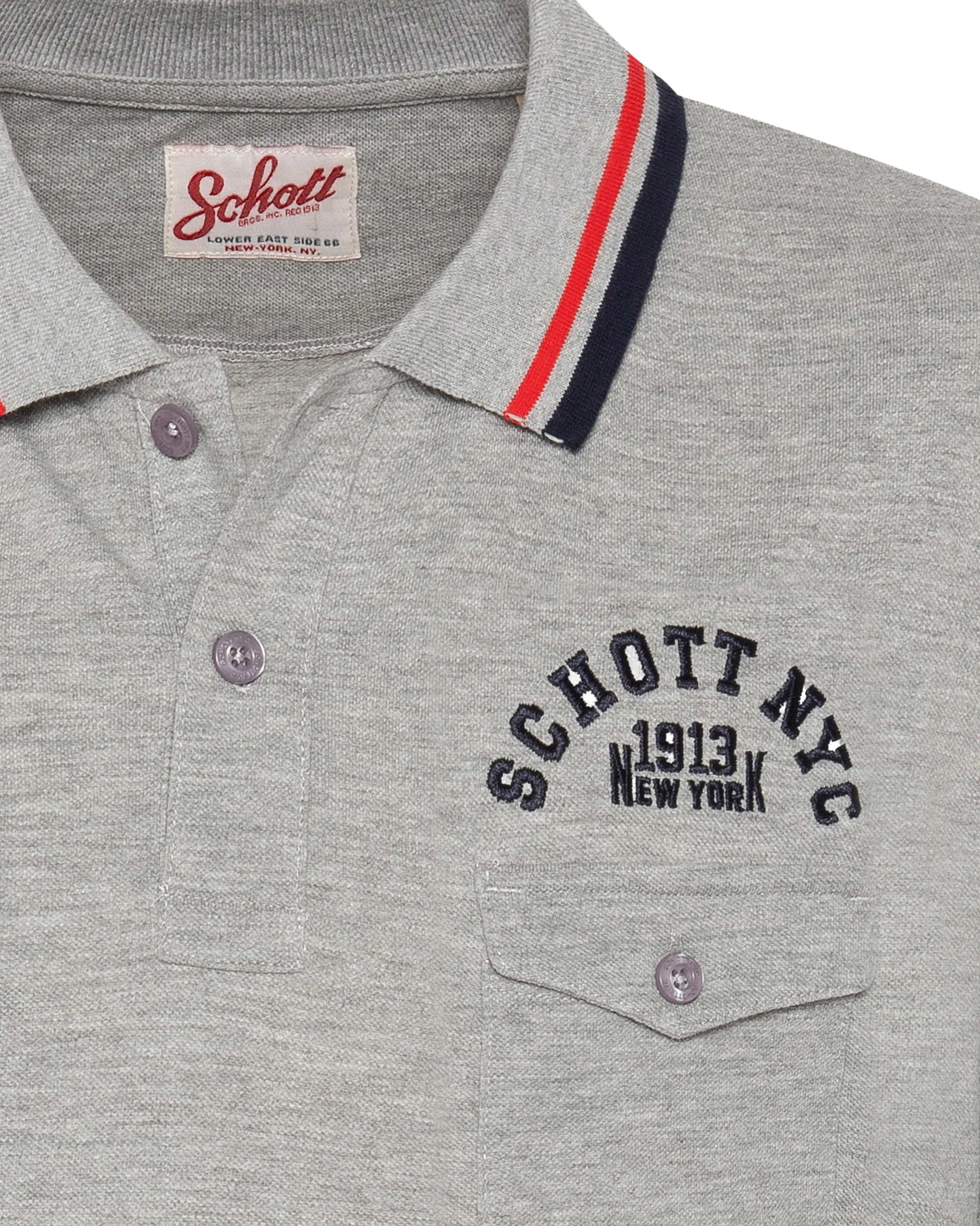 Polo shirt heather grey with flap pocket and tricolor piping-3