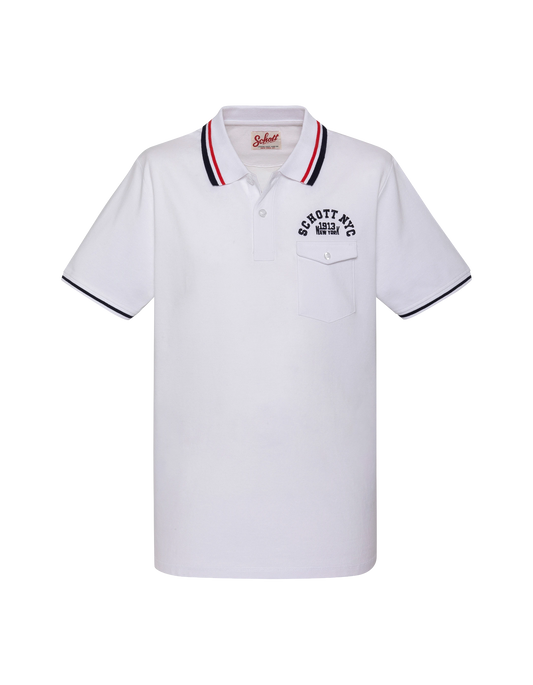 Polo blanc avec poche à rabat et liserés tricolores