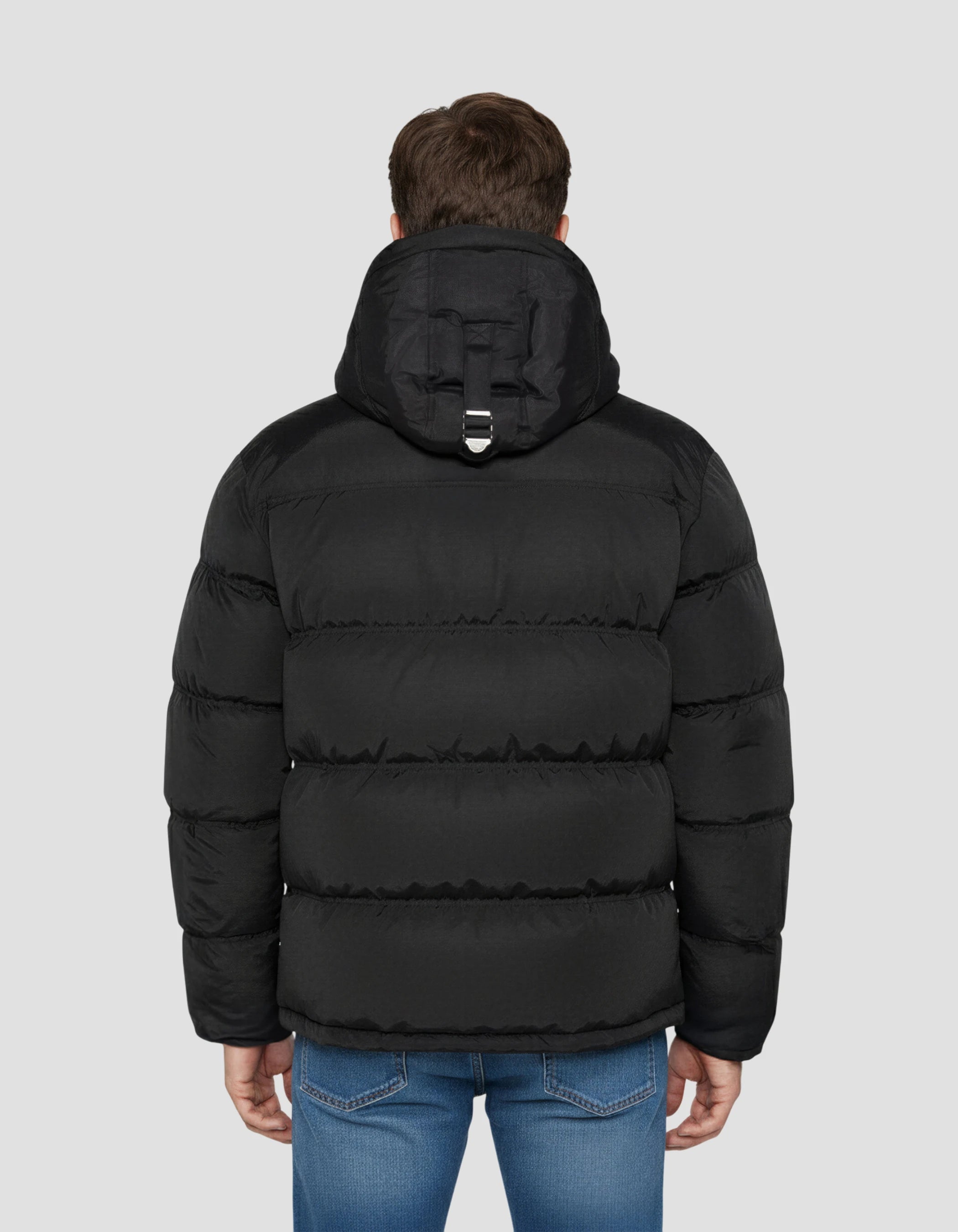 Schwarze Down -Jacke mit abnehmbarem Kunstpelzkragen-4