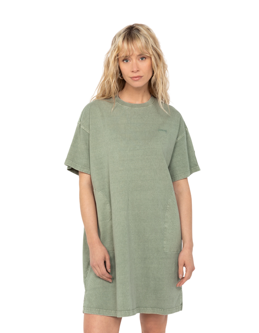 Vestido de camiseta de color caqui sabio efecto desteñido