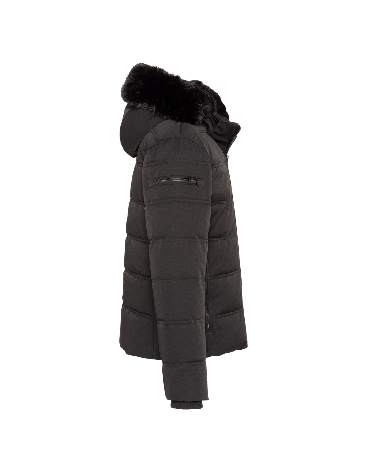 Schwarzer Parka mit Kapuze und Kunstpelzkragen-6