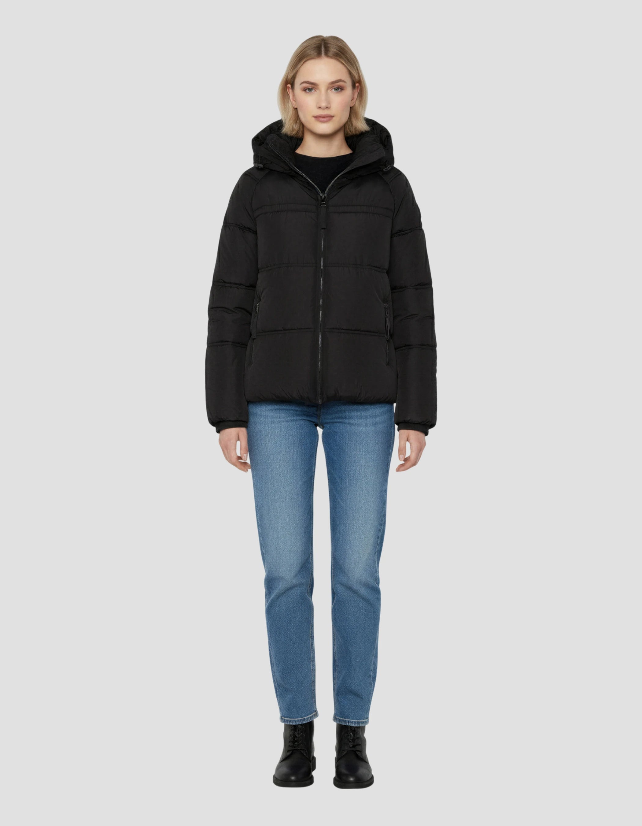 Giacca nera down con collare rimovibile in pelliccia-1