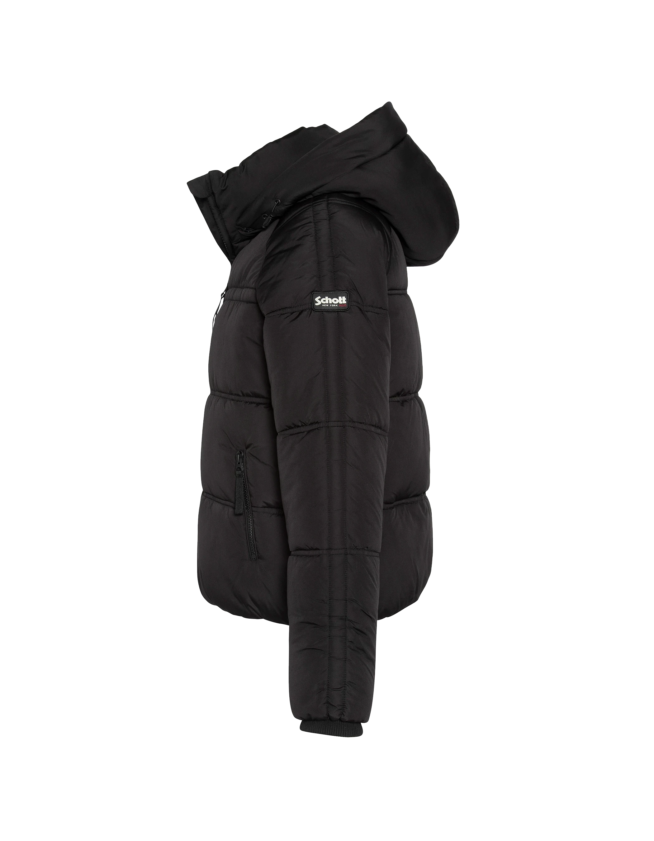 Giacca nera down con collare rimovibile in pelliccia-7