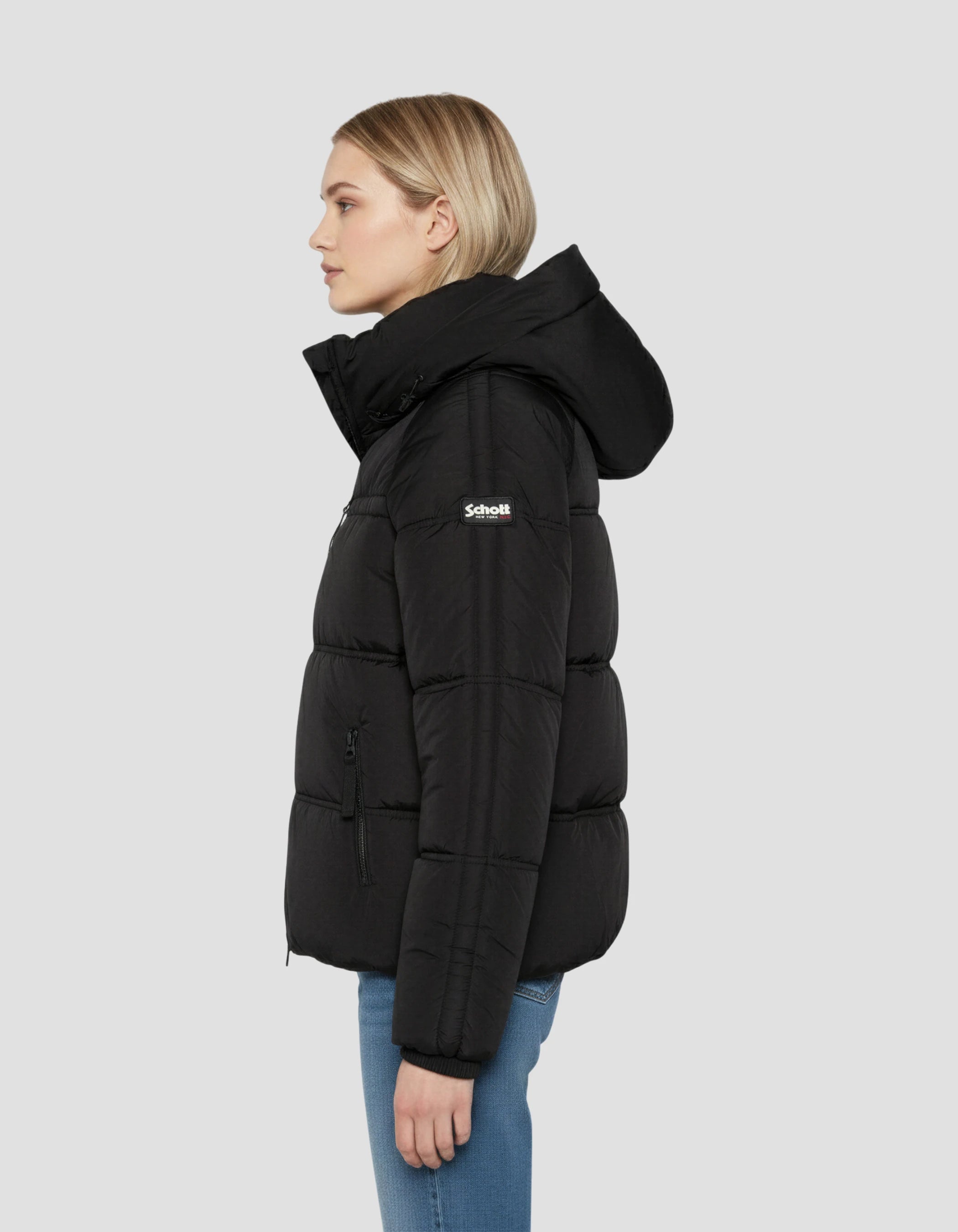 Giacca nera down con collare rimovibile in pelliccia-3