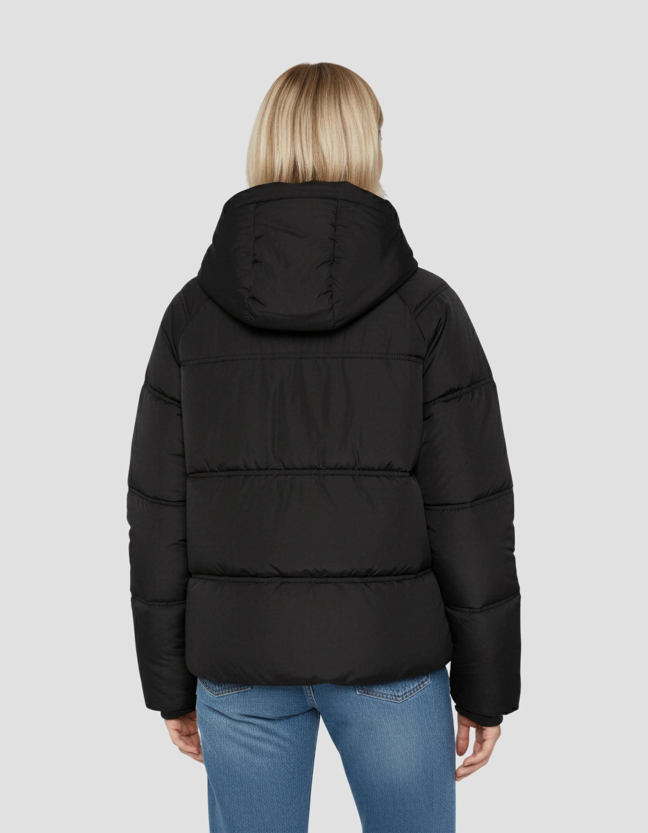 Giacca nera down con collare rimovibile in pelliccia-4