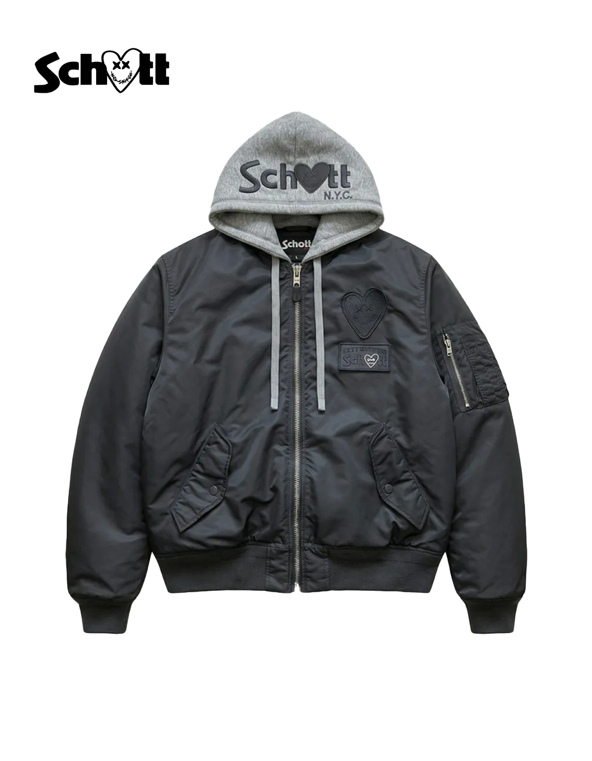 Bomber mixte gris charbon zippé à capuche Schott NYC® x Eleven Paris