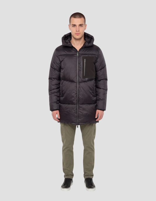 Black long puffer coat with hood