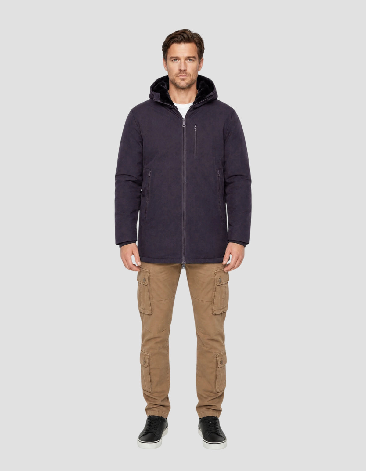 Long navy hooded coat