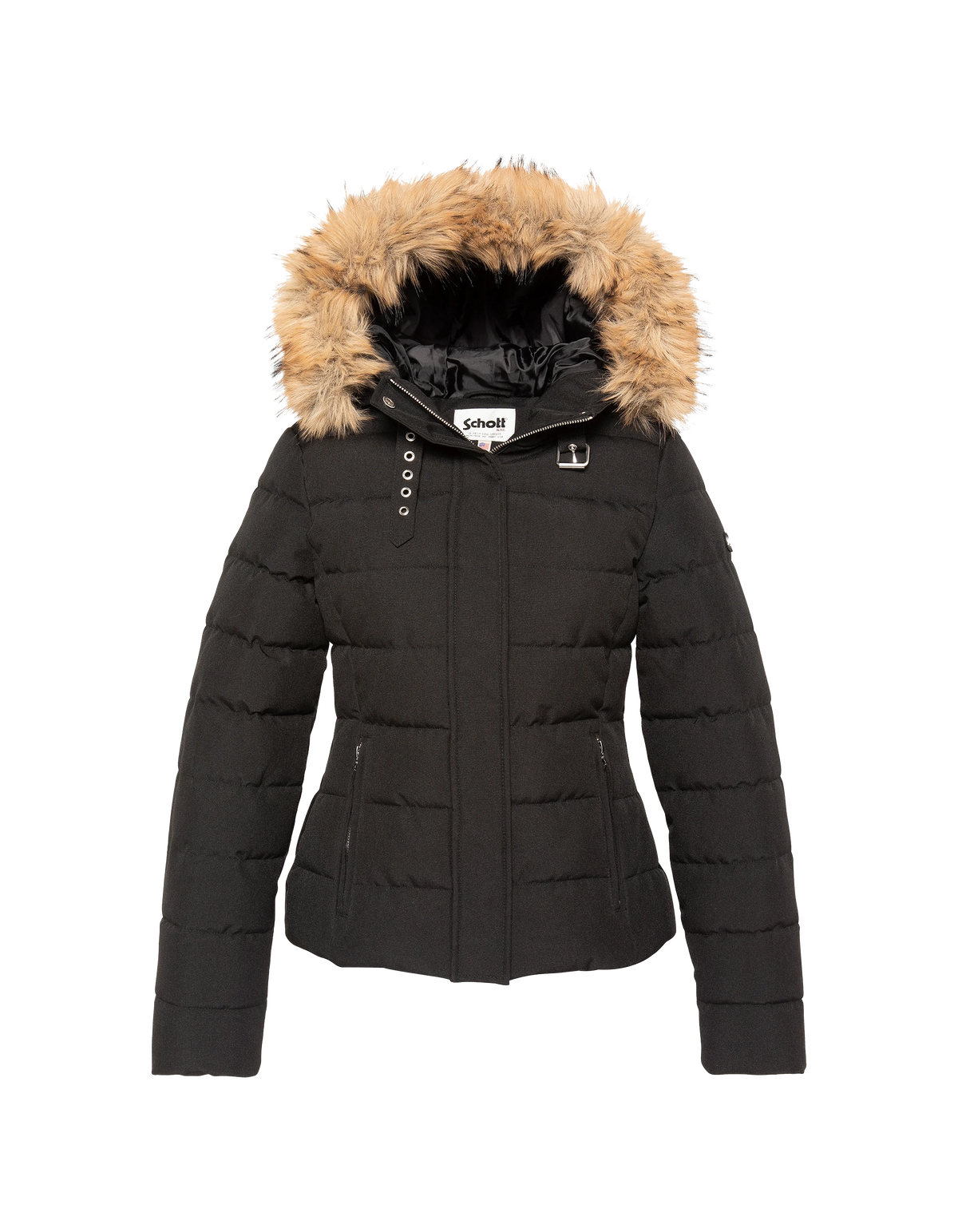 Taillierte schwarze Kapuzenjacke mit Kunstpelzbesatz-1