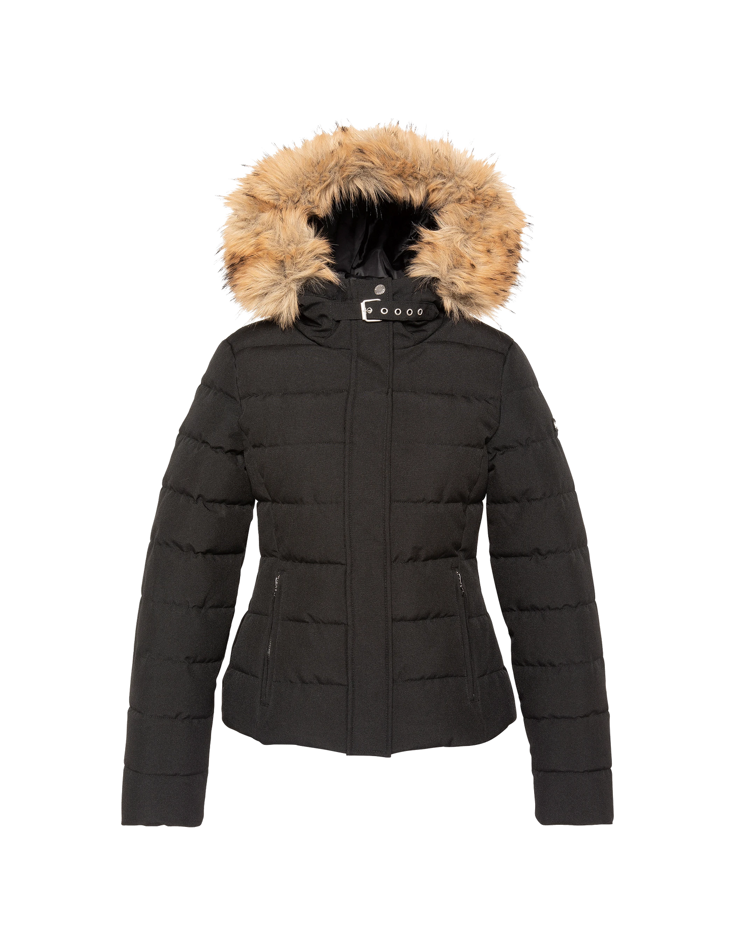 Taillierte schwarze Kapuzenjacke mit Kunstpelzbesatz