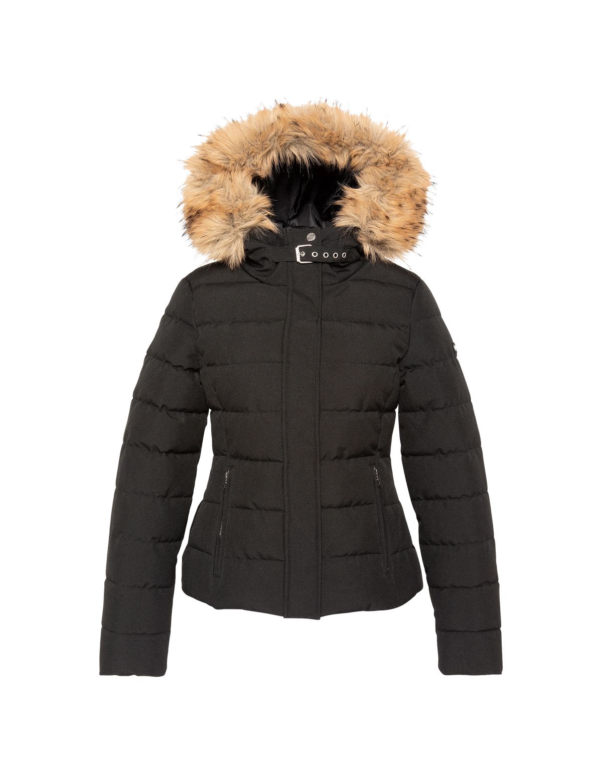 Taillierte schwarze Kapuzenjacke mit Kunstpelzbesatz-3