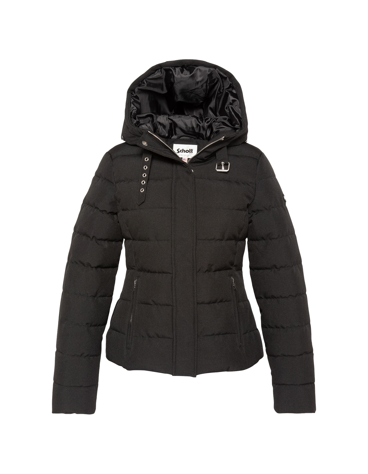 Taillierte schwarze Kapuzenjacke mit Kunstpelzbesatz