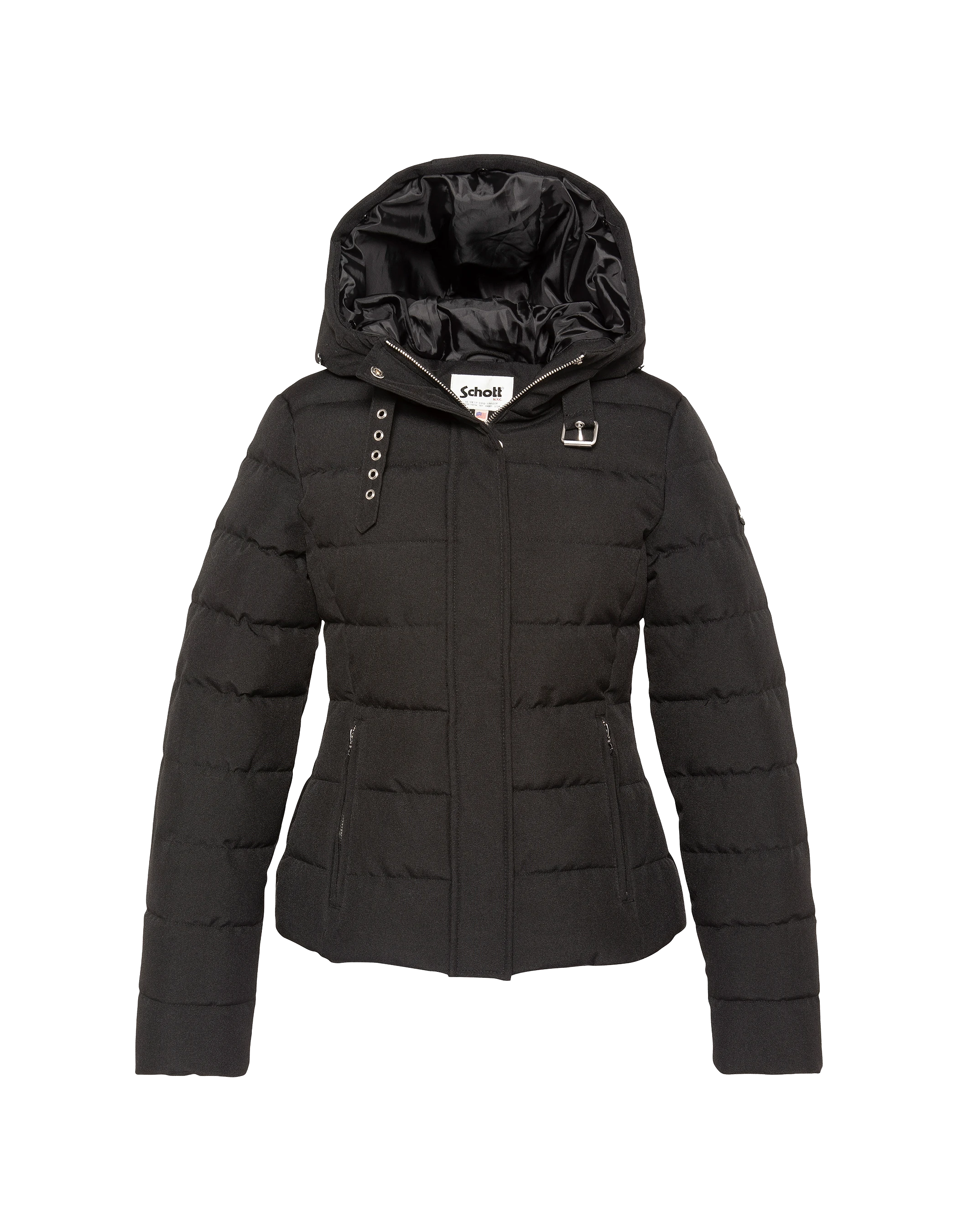 Taillierte schwarze Kapuzenjacke mit Kunstpelzbesatz-4