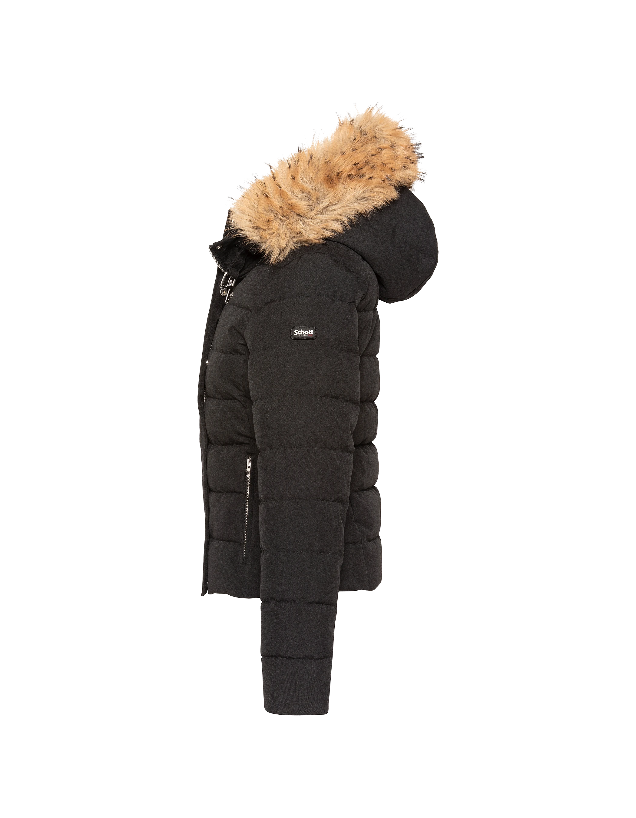 Taillierte schwarze Kapuzenjacke mit Kunstpelzbesatz-5