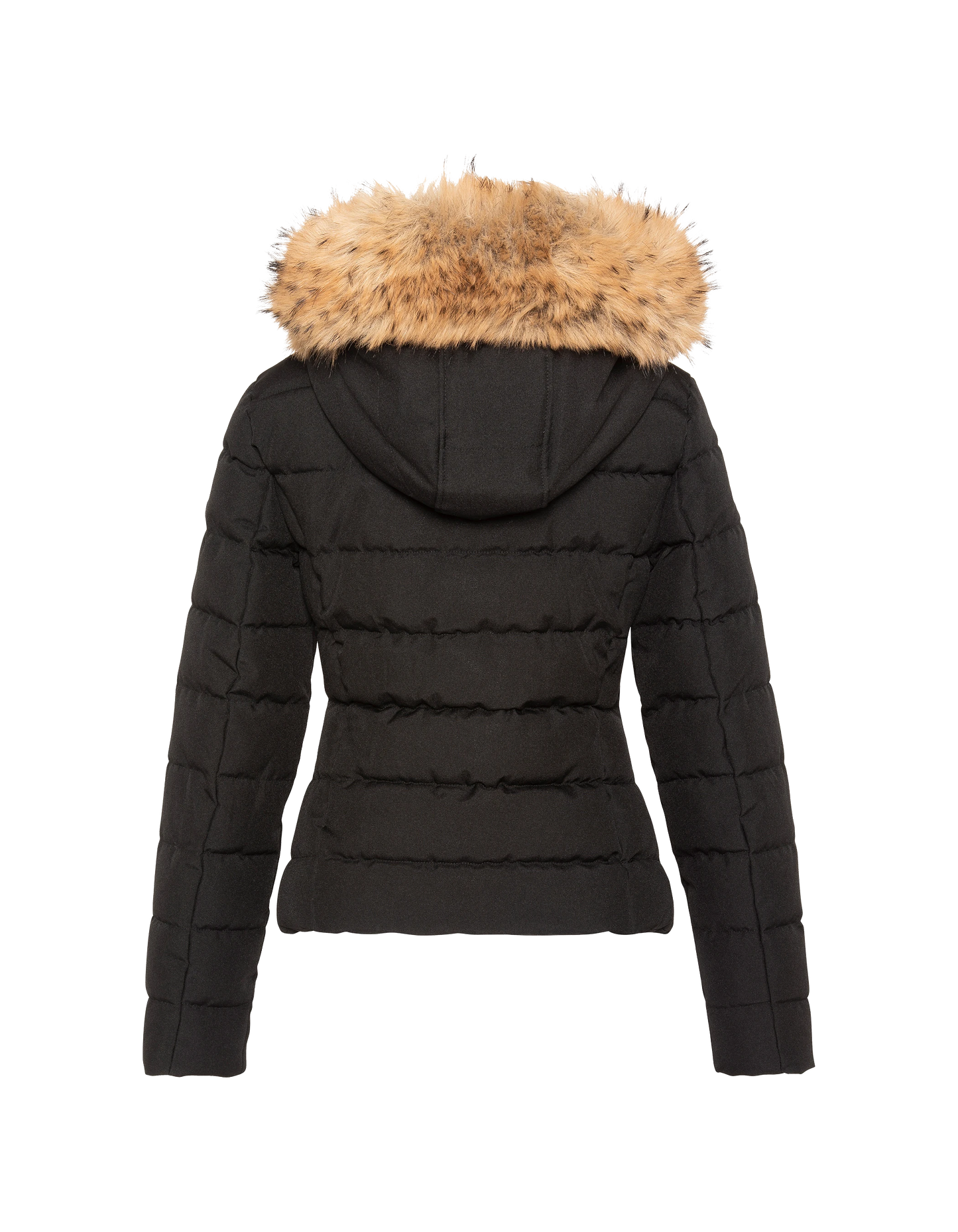 Taillierte schwarze Kapuzenjacke mit Kunstpelzbesatz