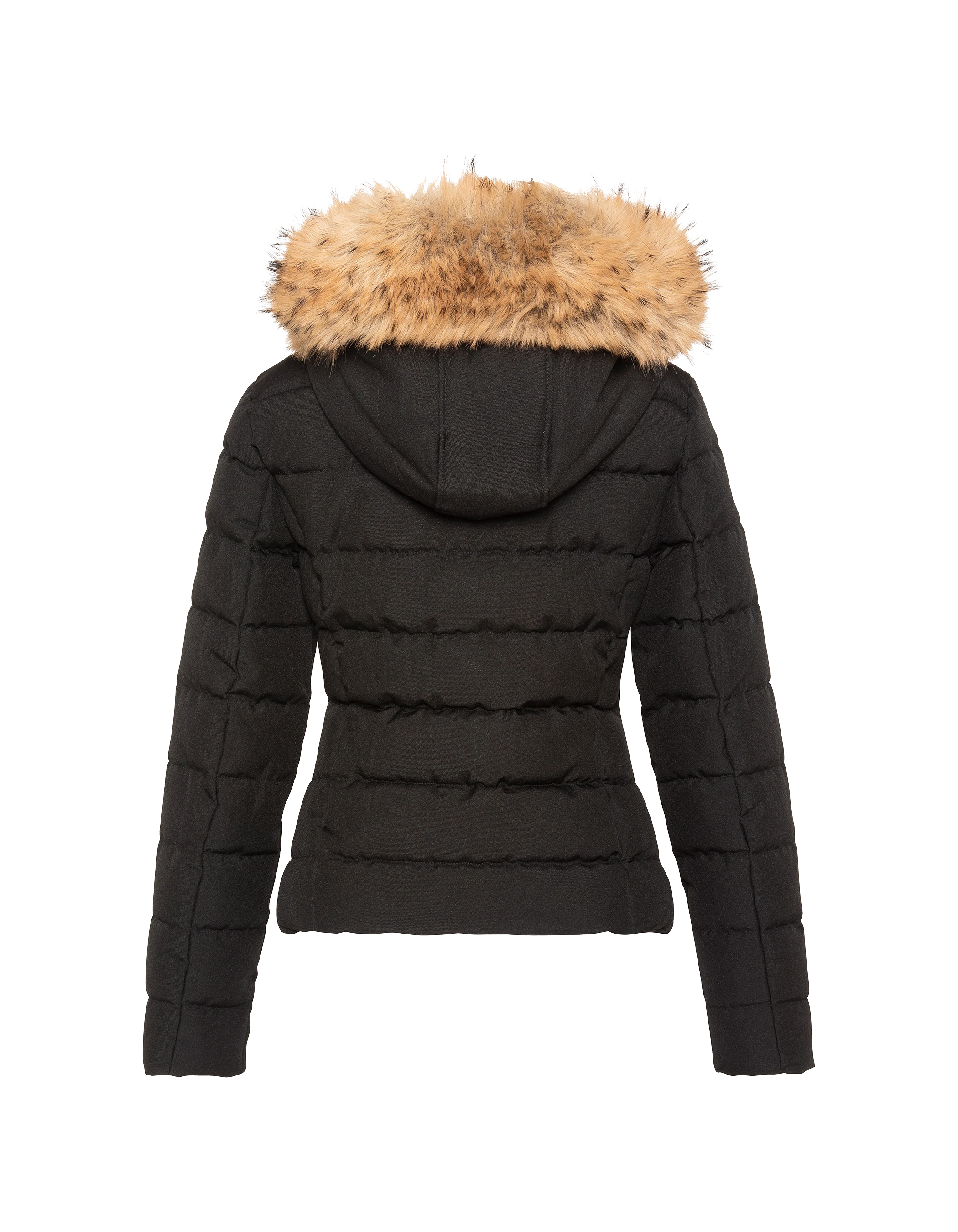 Taillierte schwarze Kapuzenjacke mit Kunstpelzbesatz-2