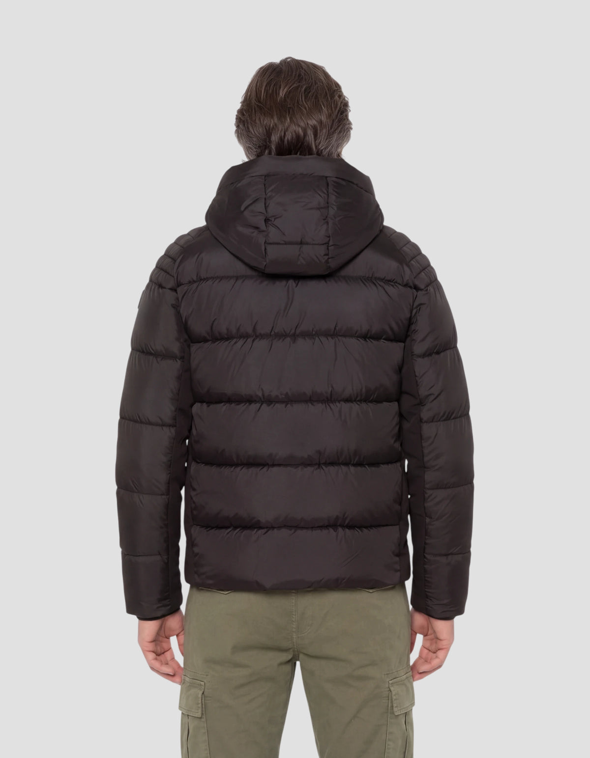 Schwarze Daunenjacke mit Kapuze im Materialmix-4