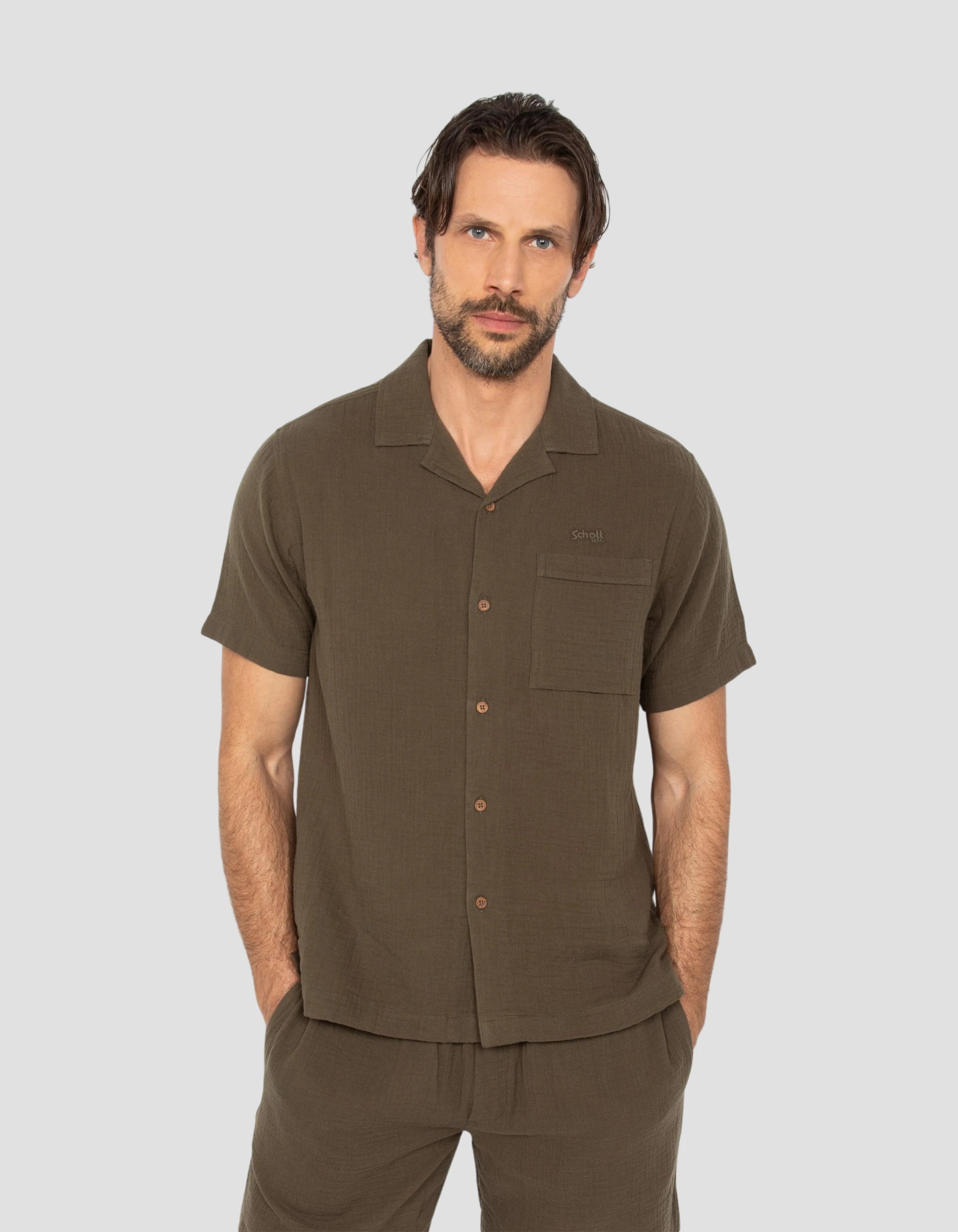 Khaki cotton gauze shirt-4