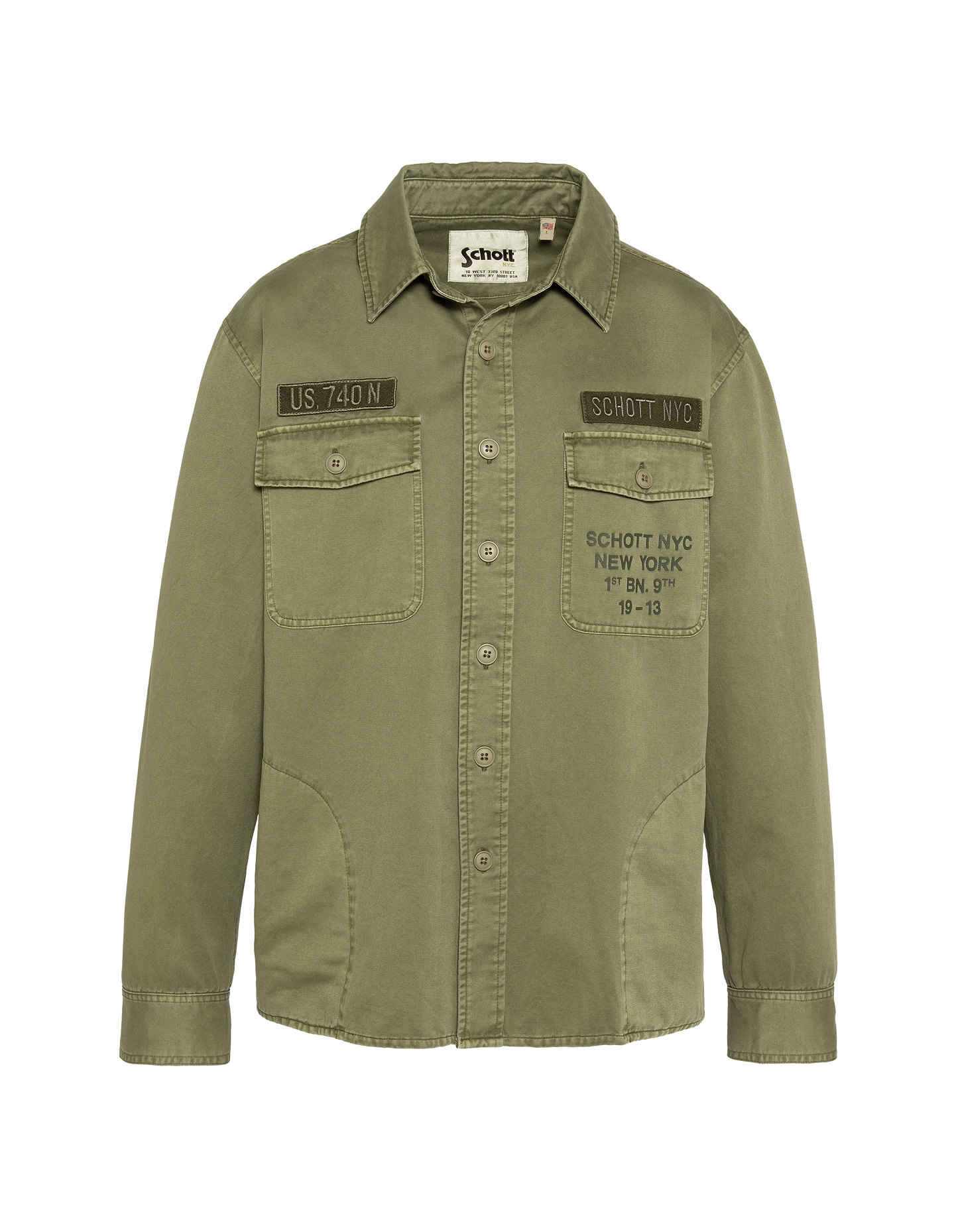 Sovracamicia militare ricamata e stampata color kaki in cotone lavato