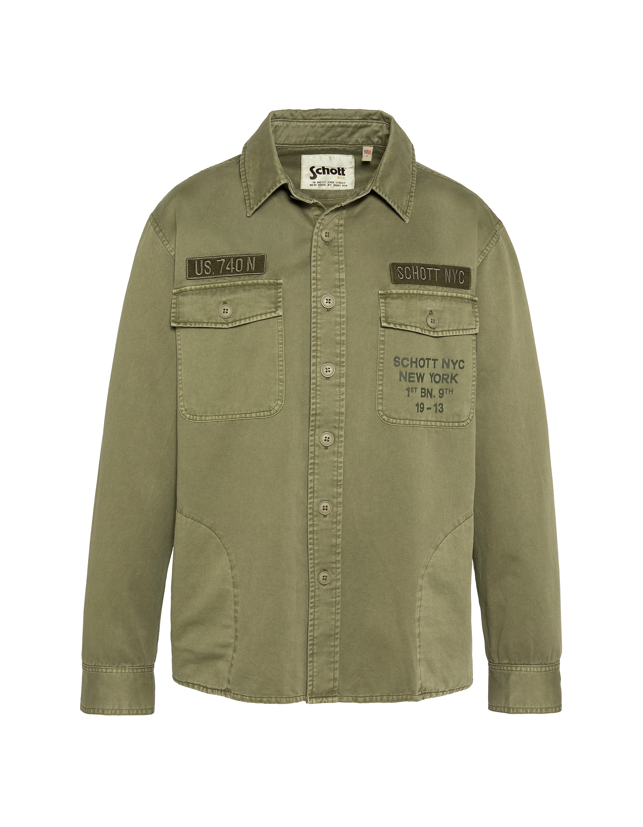 Sovracamicia militare ricamata e stampata color kaki in cotone lavato-2