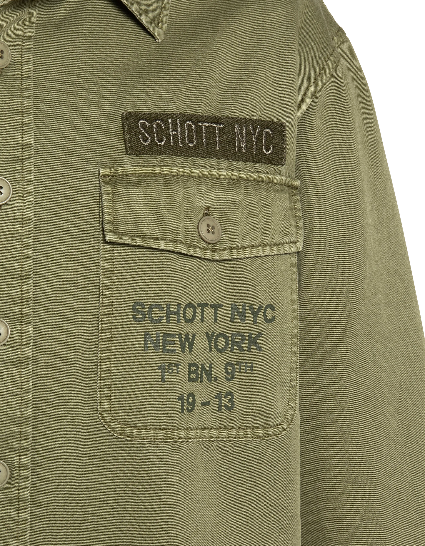 Sovracamicia militare ricamata e stampata color kaki in cotone lavato