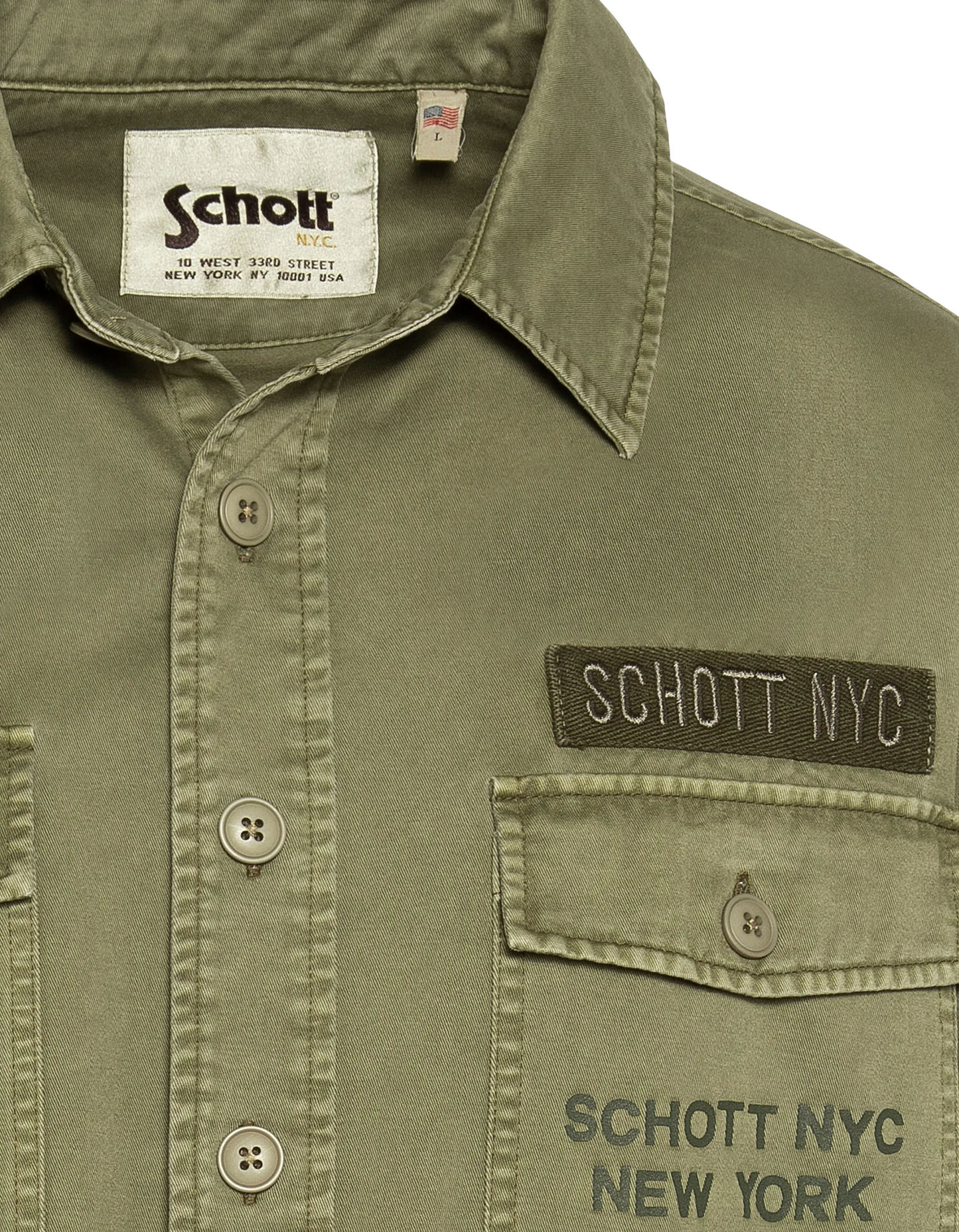 Sovracamicia militare ricamata e stampata color kaki in cotone lavato