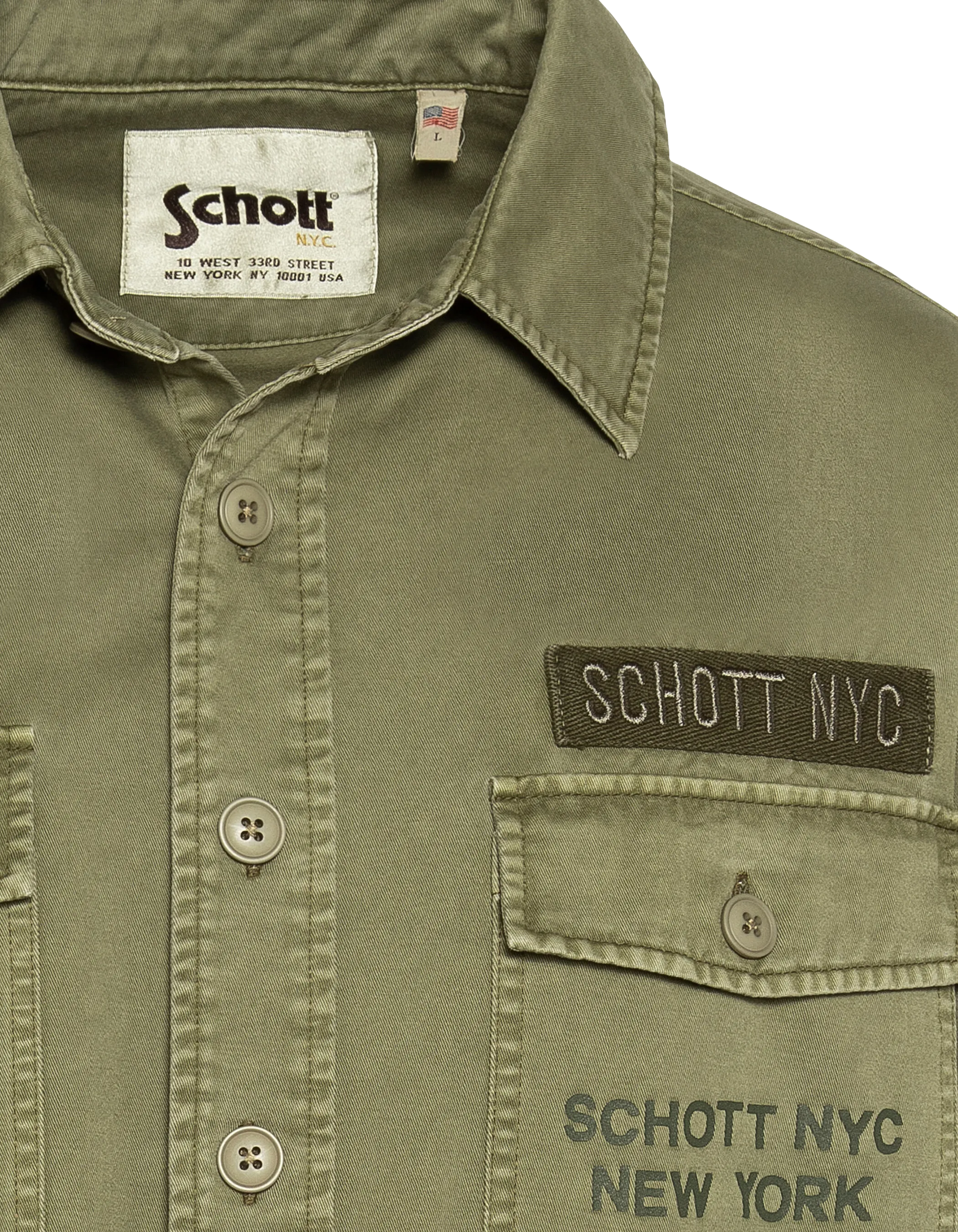 Sovracamicia militare ricamata e stampata color kaki in cotone lavato-8