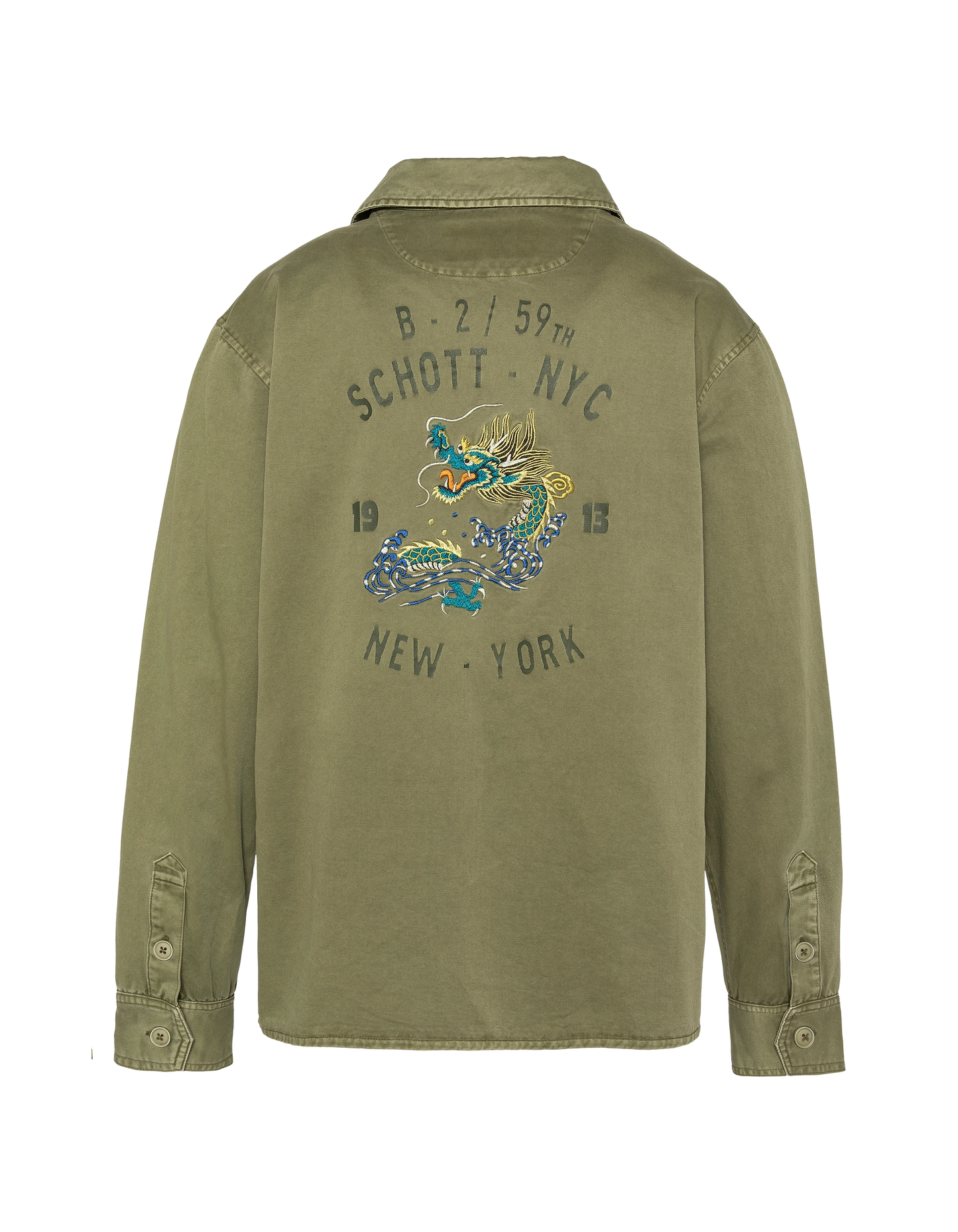 Sovracamicia militare ricamata e stampata color kaki in cotone lavato