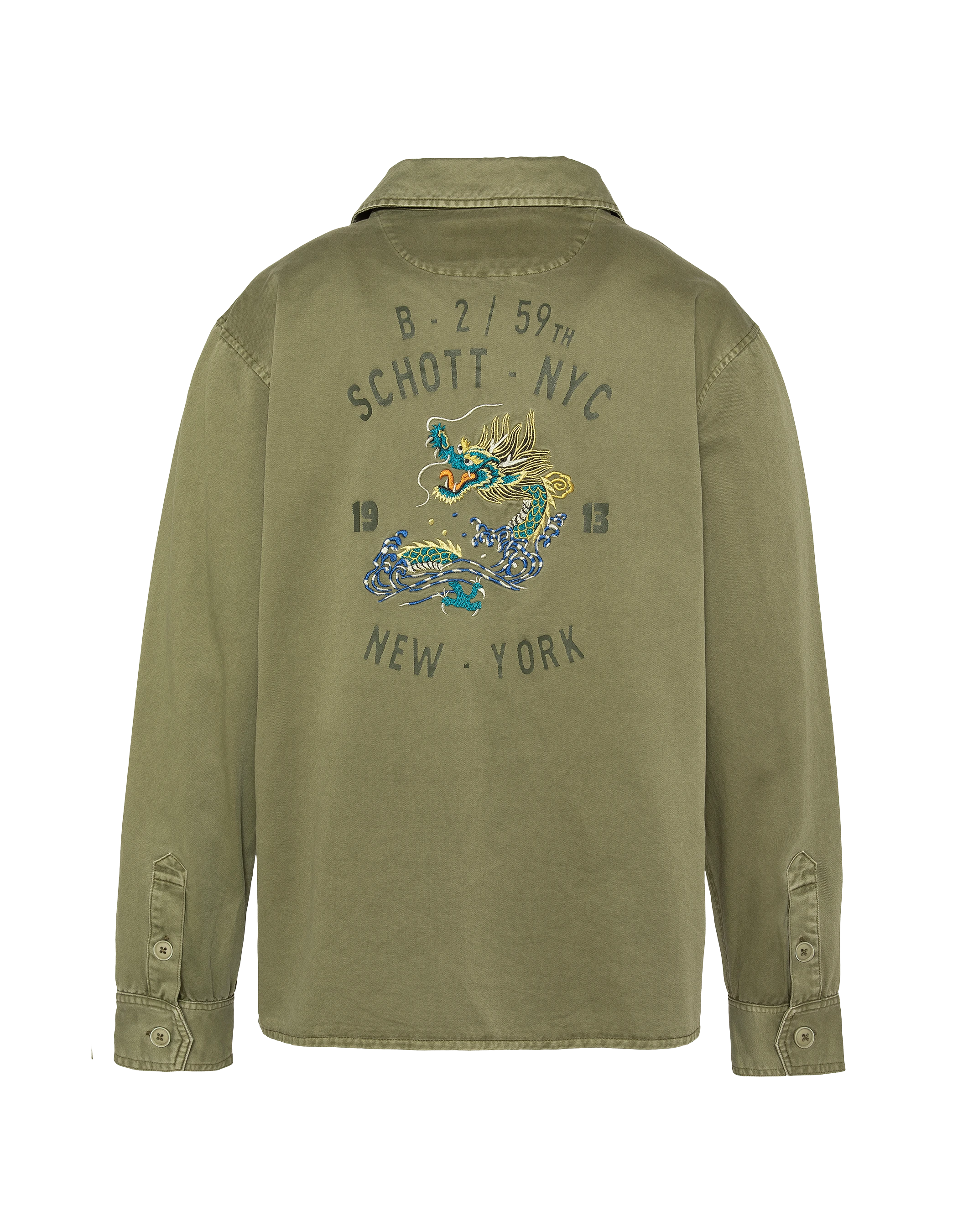 Sovracamicia militare ricamata e stampata color kaki in cotone lavato-9