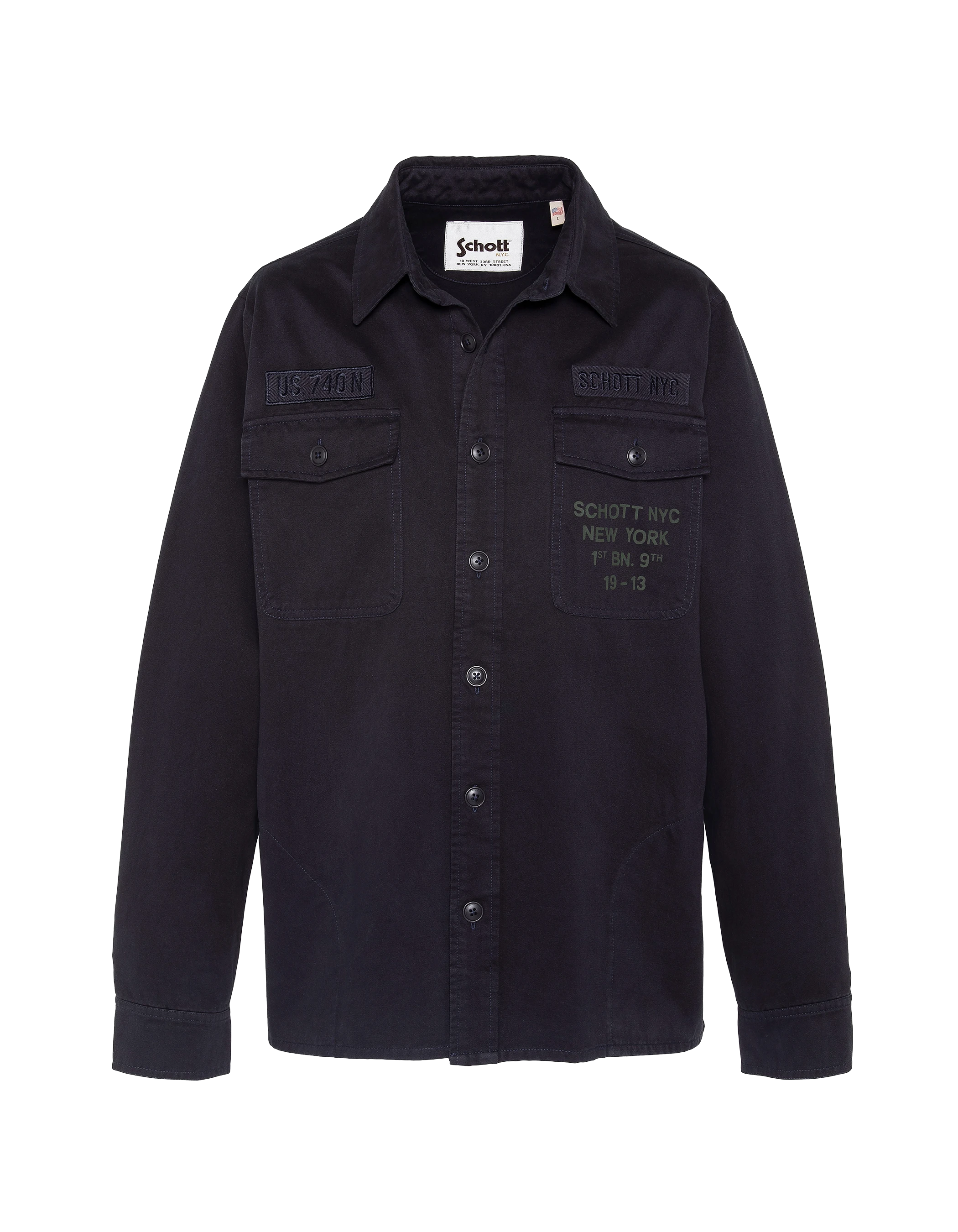 Sobrecamisa militar bordada y estampada azul marino de algodón lavado-1