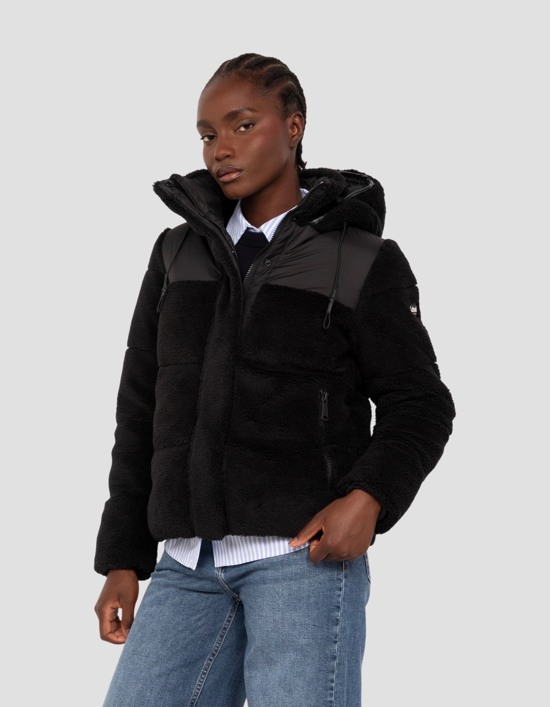 Piumino sherpa bimateriale nero con cappuccio-3
