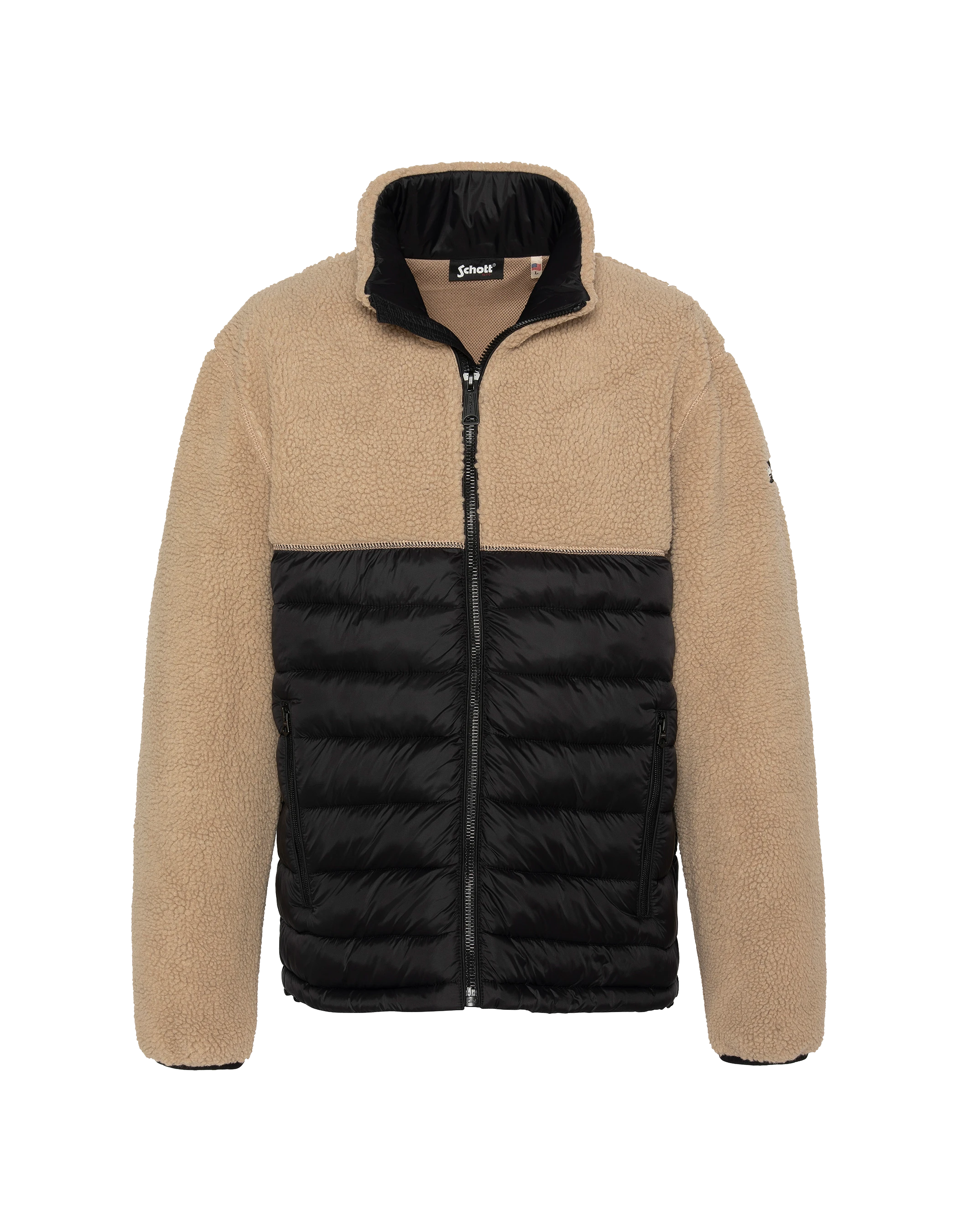 Veste beige et noire bi matière sherpa et nylon doudouné-1