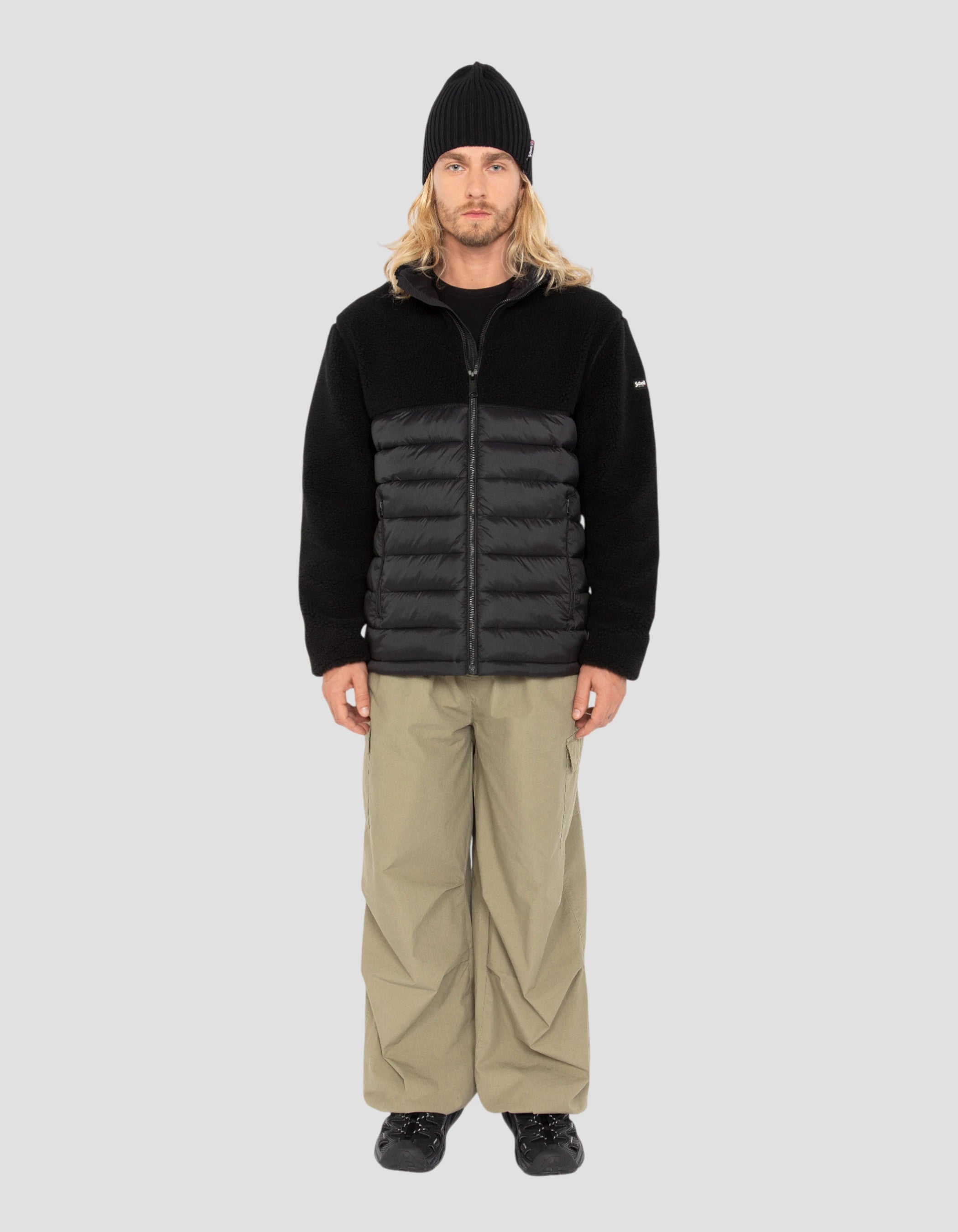 Veste noire bi matière sherpa et nylon doudouné-1