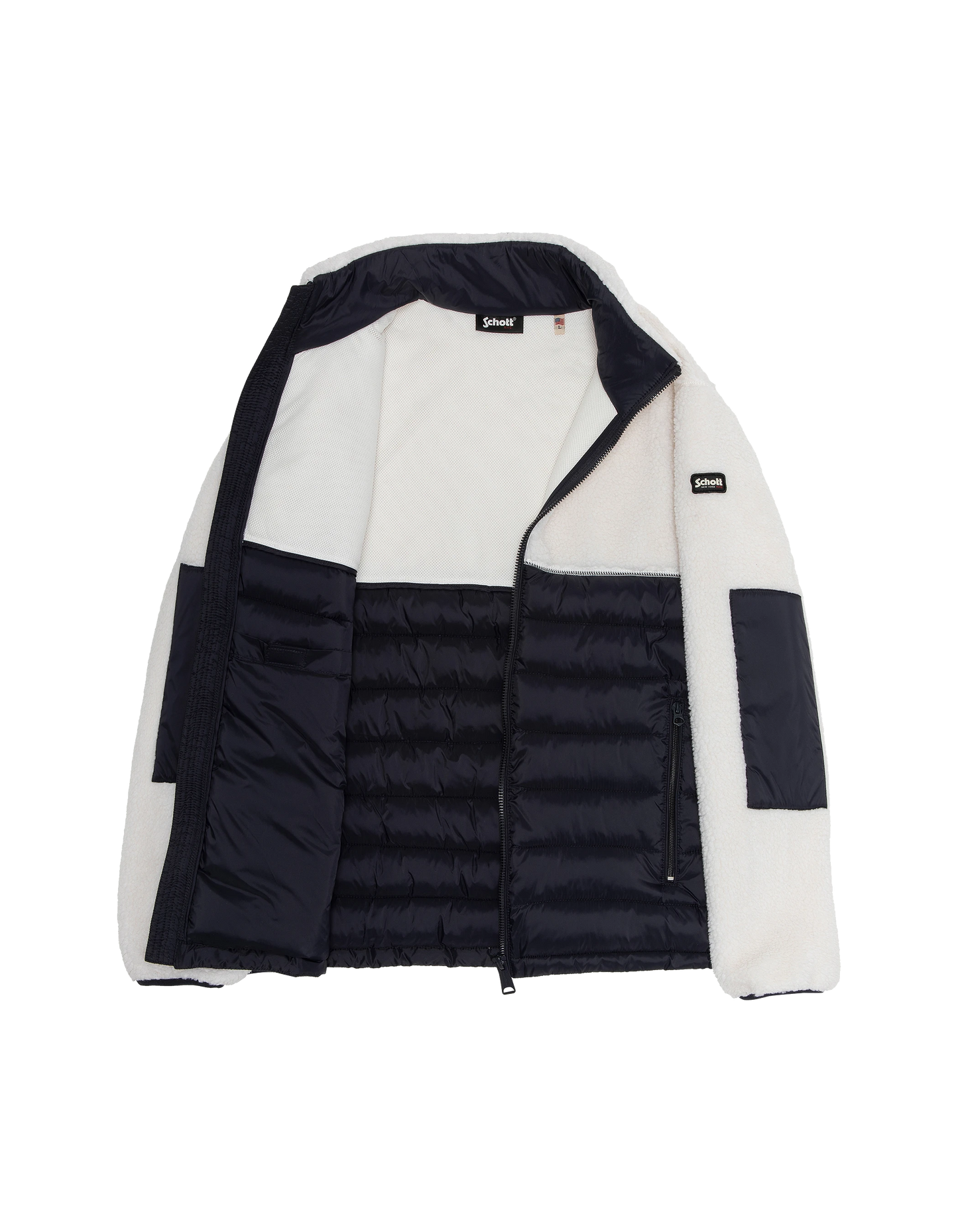 Veste blance cassé et bleu marine bi matière sherpa et nylon doudouné