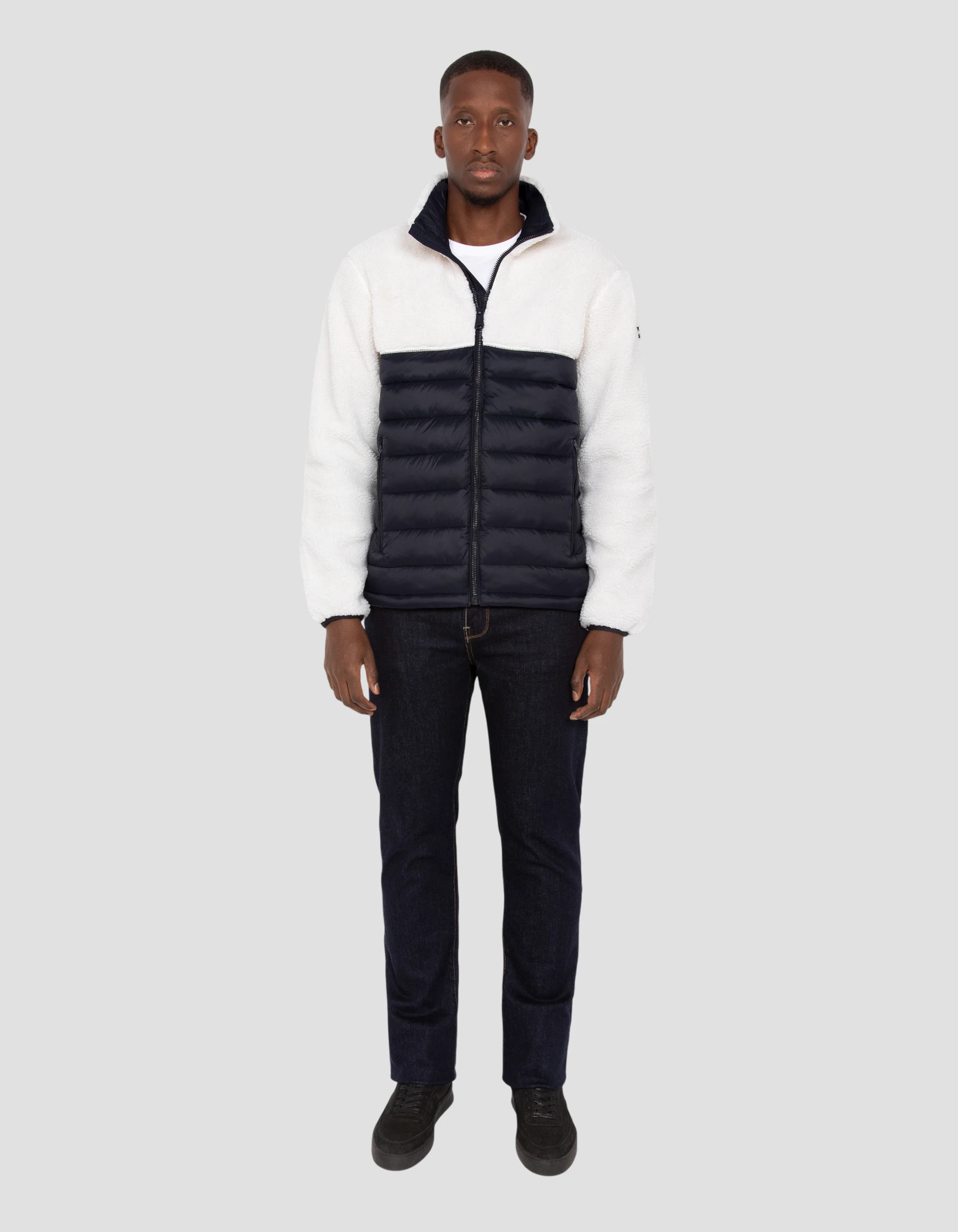 Veste blance cassé et bleu marine bi matière sherpa et nylon doudouné-1