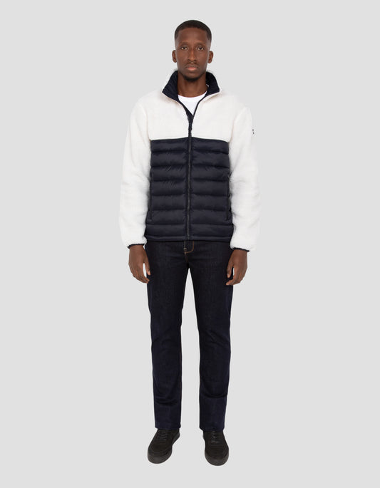 Brolerated jacket broken and navy bi material sherpa and coudouné nylon
