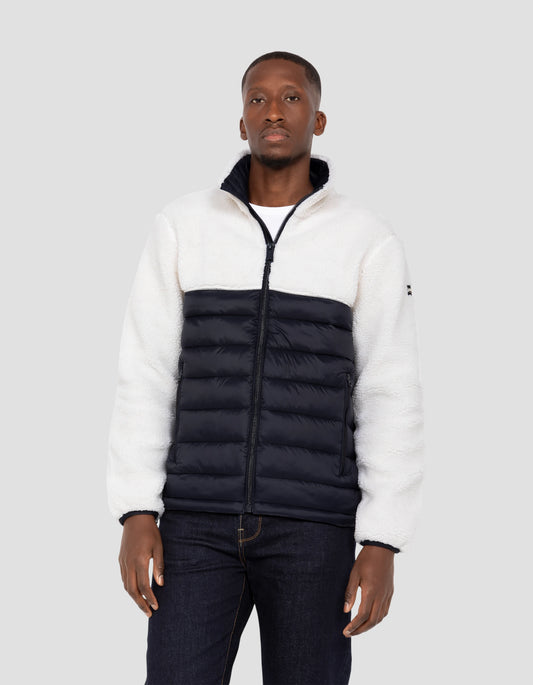 Brolerated jacket broken and navy bi material sherpa and coudouné nylon